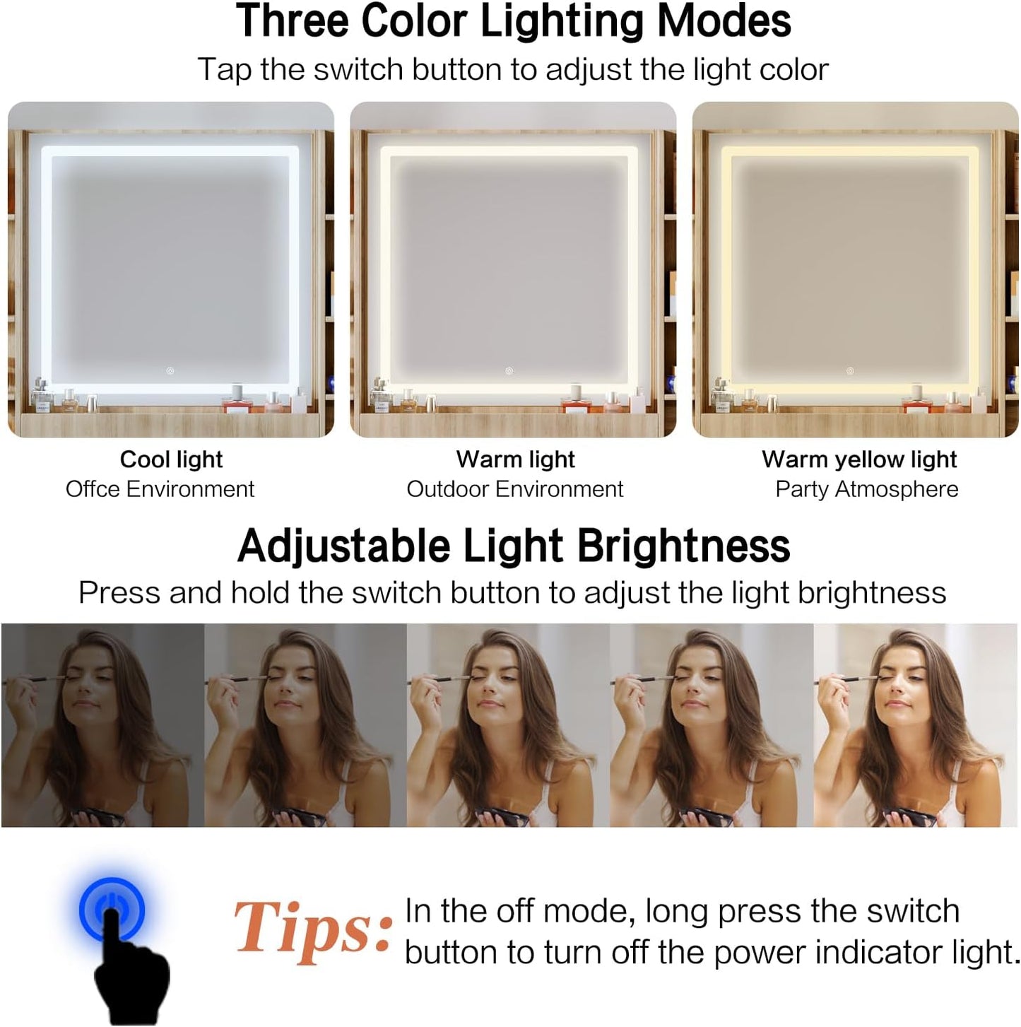 43" Makeup Vanity Desk with Mirror and Lights, & Power Outl, Glass Top Big Vanity Table with 9 Drawers& 8 Storage Shelves, Dressing Table Set with Chair for Bedroom, White+Oak