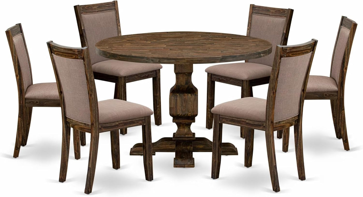 East West Furniture I3MZ7-748 7 Piece Dining Room Table Set Consist of a Round Dining Table with Pedestal and 6 Coffee Linen Fabric Upholstered Chairs, 48x48 Inch, Distressed Jacobean