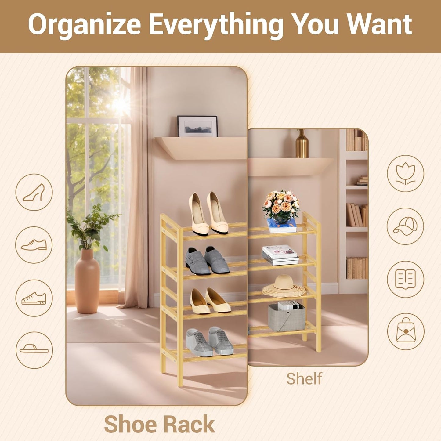 Haddockway Bamboo Shoe Rack for Closet, Free Standing Shoe Organizer with Smooth Round Rods & Convenient Handles, Stackable Shoe Storage Shelf for Entryway, Hallway(Natural, 4-Tier(Small))