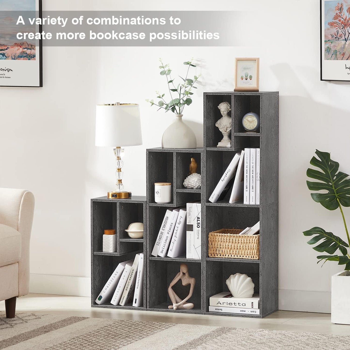 VECELO 4-Tier Bookcase, Modern Storage Cabinet with Height Difference Shelves for Standard Textbooks, 5 Cubes, Vertical or Horizontal, Easy Assembly, Grey