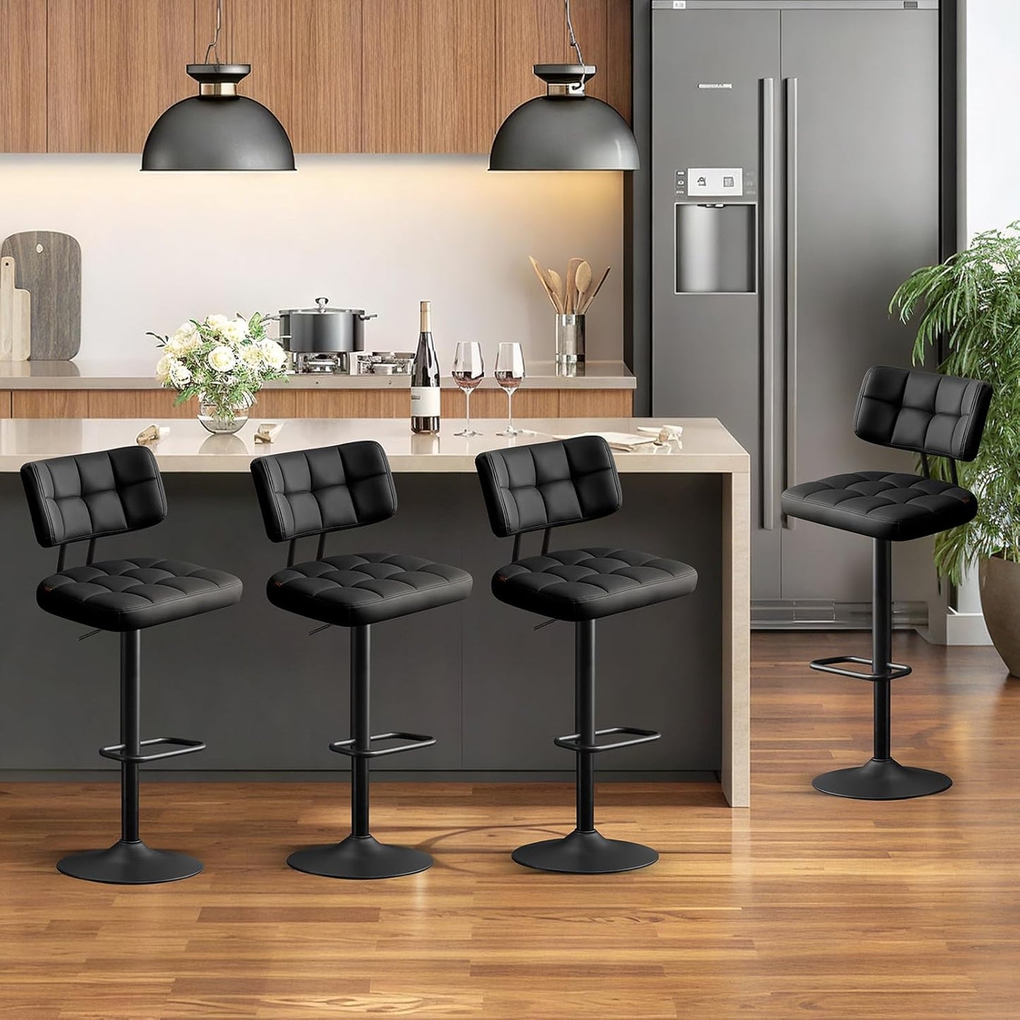 Furniliving Upholstered Bar Stools Set of 4, Faux Leather Swivel Bar Stools with Back, Adjustable Counter Height Barstools for Kitchen Island, Dining Space, Black