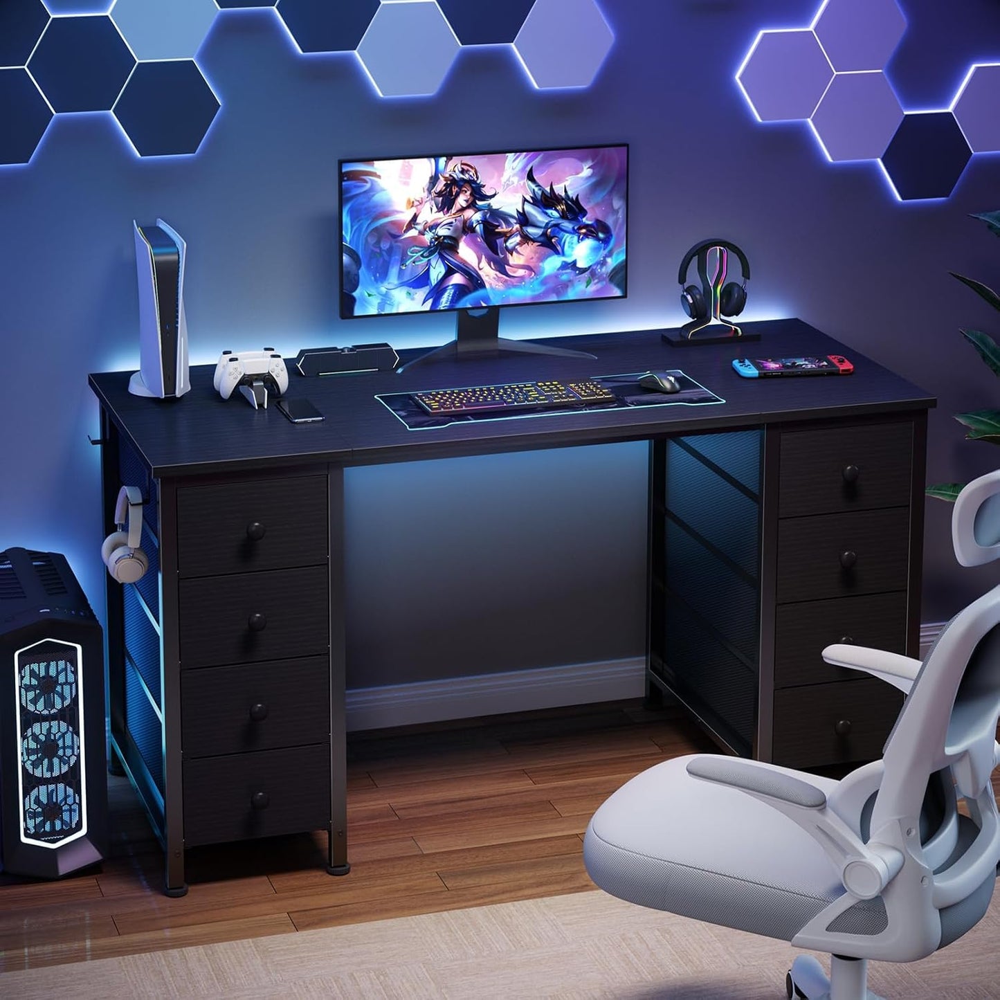 Black Desk with Fabric Drawers on Both Sides, 47 Inch Black Gaming Desk Home Office Computer Study Writing Work PC Desks with 8 Storage Fabric Drawers for Bedroom