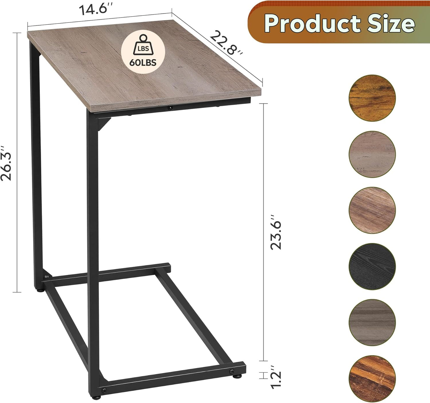 WLIVE C-Shaped End Table, Small Side Tables for Sofa, Wide Couch Table That Slide Under, Laptop Snack Table for Living Room, Bedroom, Home Office, Grey