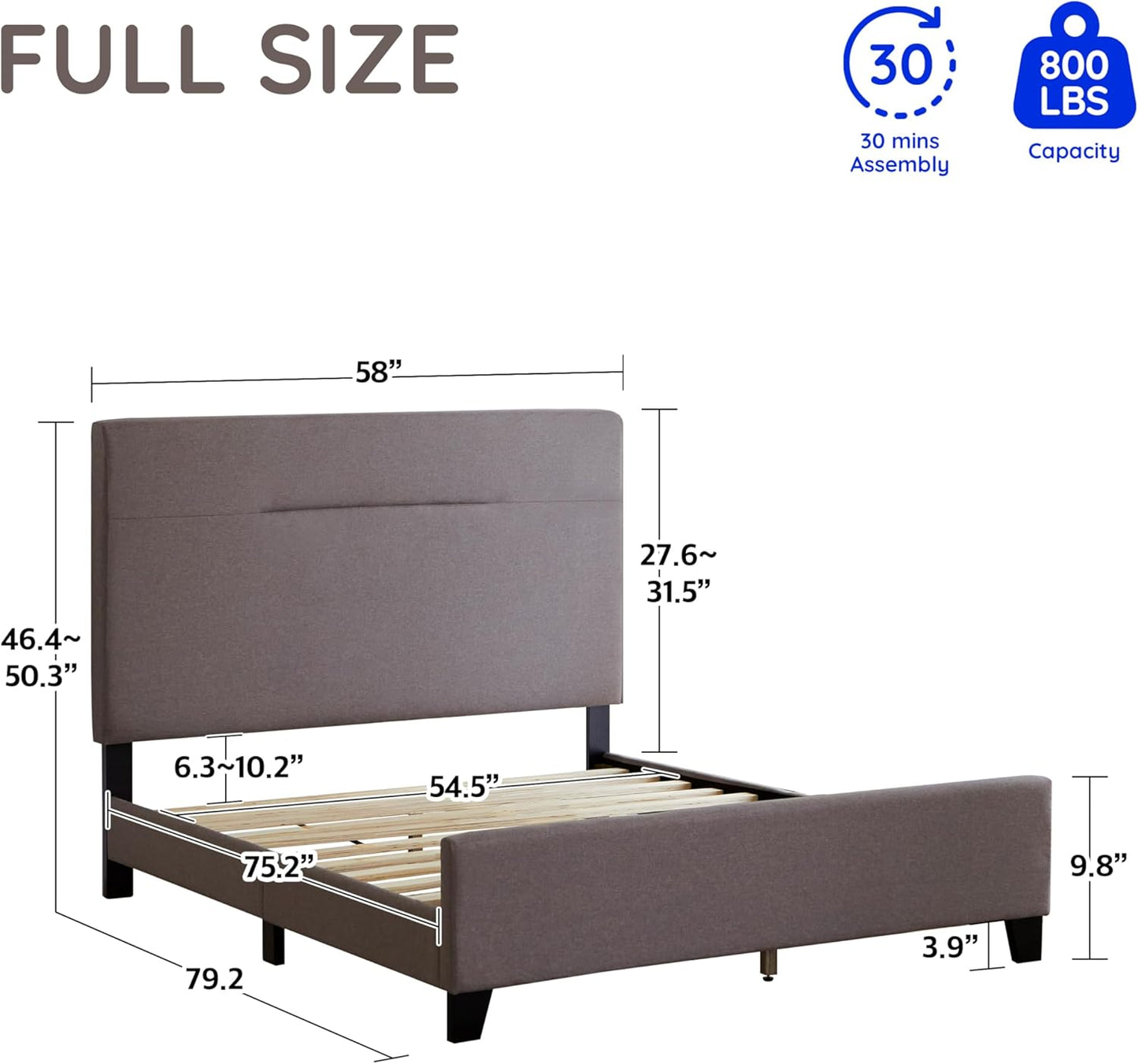 Livinia Amelia Full Size Platform Bed, Fabric Upholstered Full Bed Frame with Height Adjustable Headboard Footboard, Strong Wood Slats, No Box Spring Needed, Brown