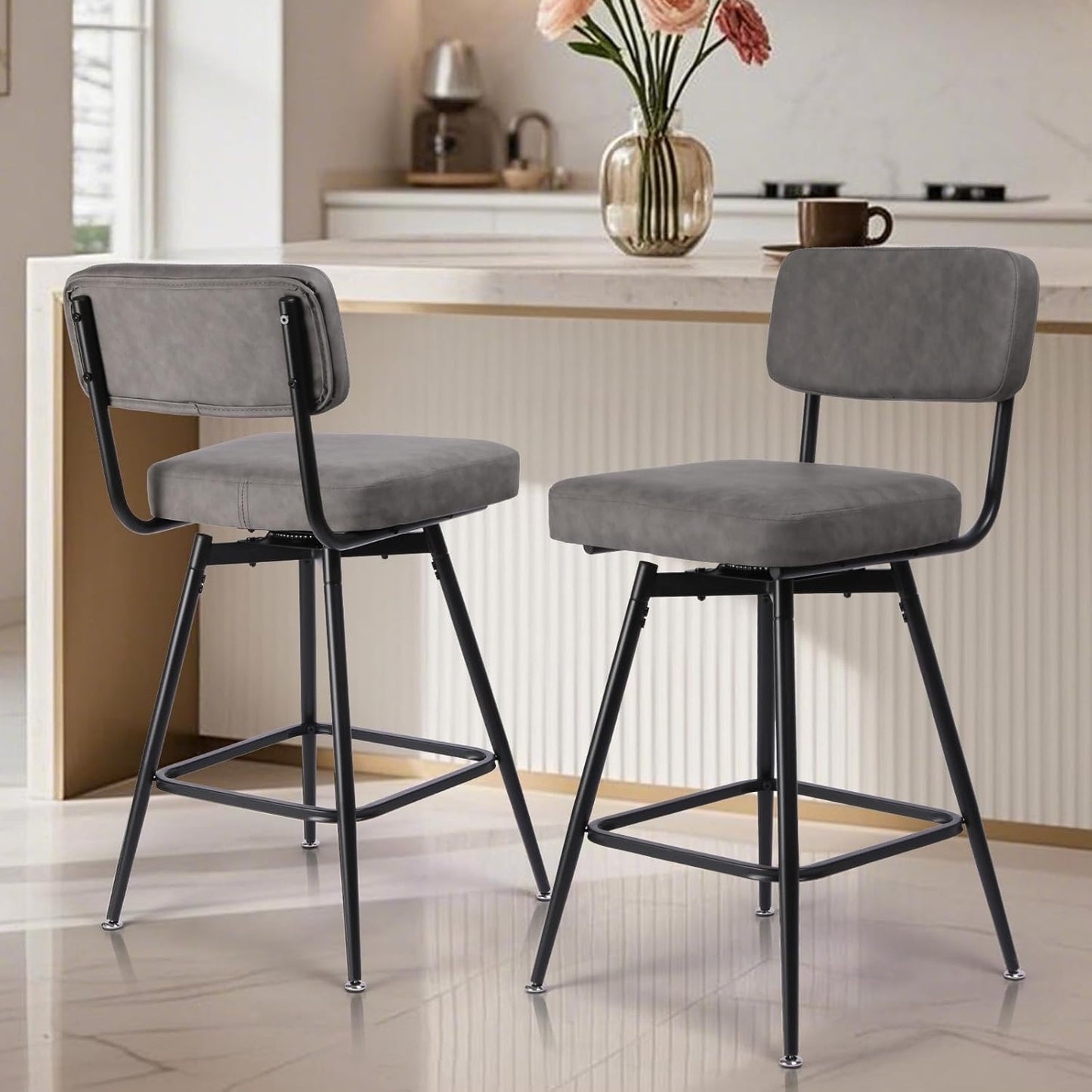 Swivel Counter Height Bar Stools Set of 2, Faux Leather Bar Stools with Back, Metal Legs and Footrest, 26" Seat Height Barstools for Kitchen Islands and Home Bars, Easy Assembly, Grey&Black