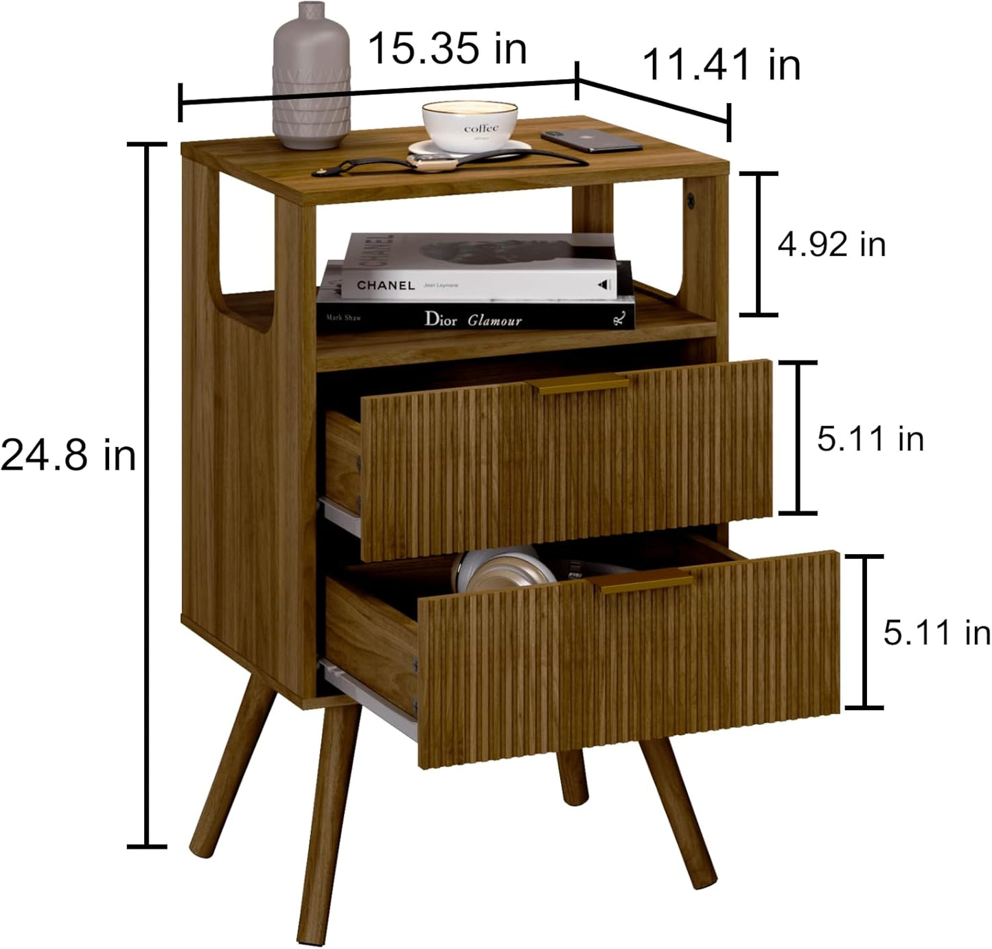 Nightstand,Modern Bedside Table with 2 Storage Drawer and Open Wood Shelf, for Bedroom and Small Spaces,Night Stand with Solid Wood Legs,Walnut Brown