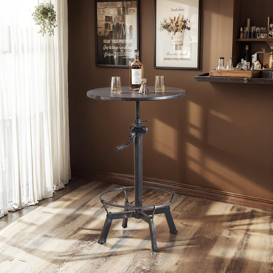 LOKKHAN 33.5"-39.4" Tall Industrial Bar Table-Adjustable Bar Height Pub Table-23.7" Dia Swivel Round Metal Top-Easily Adjusts by Crank Handle, Silver Gray