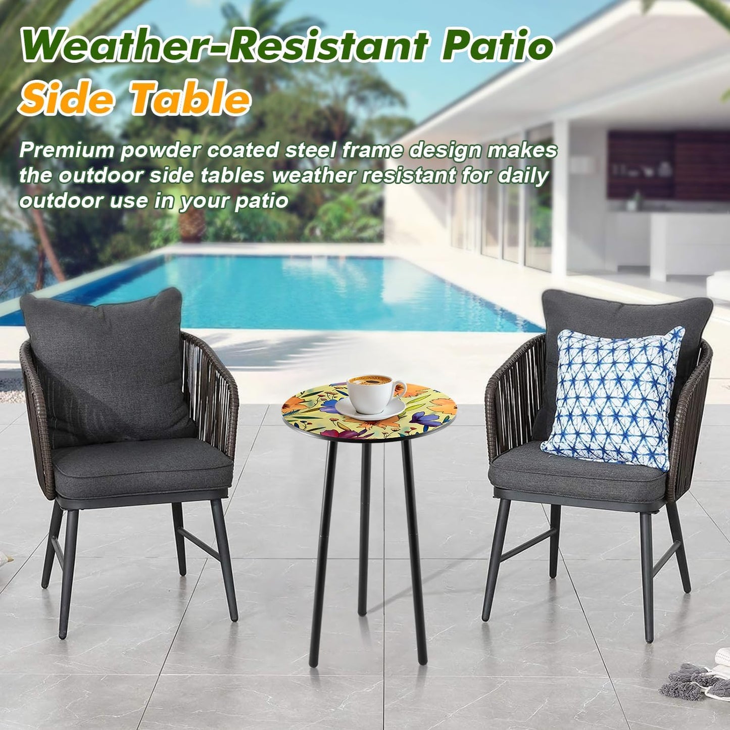 2 Packs Metal Floral Round Side Table 13.2" Small Outdoor Patio Round Accent Coffee Tables Indoor Corner Stand for Small Spaces Weather-Resistant for Balcony Plant Stand