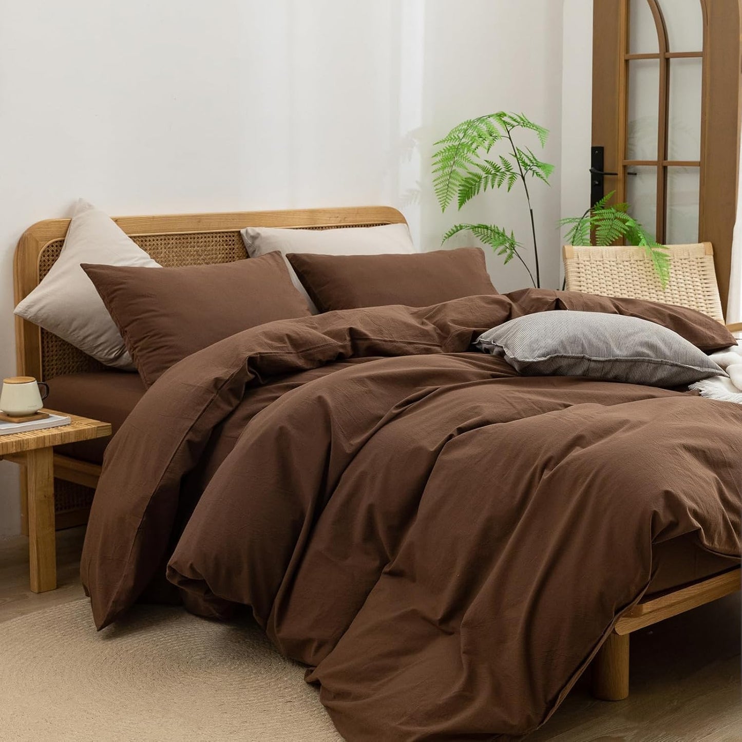 BESTOUCH Duvet Cover Set 100% Washed Cotton Linen Feel Super Soft Comfortable Chic Lightweight 3 PCs Home Bedding Set Solid Cocoa Brown Oversized Full