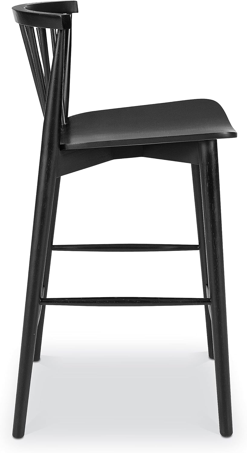 POLY & BARK Ligna Counter Stool Black – Mid-Century Inspired Stool with Sculpted Spindle Back – Solid American Oak Frame and Engineered Wood Veneered Seat – Fully Assembled and Ready to Use