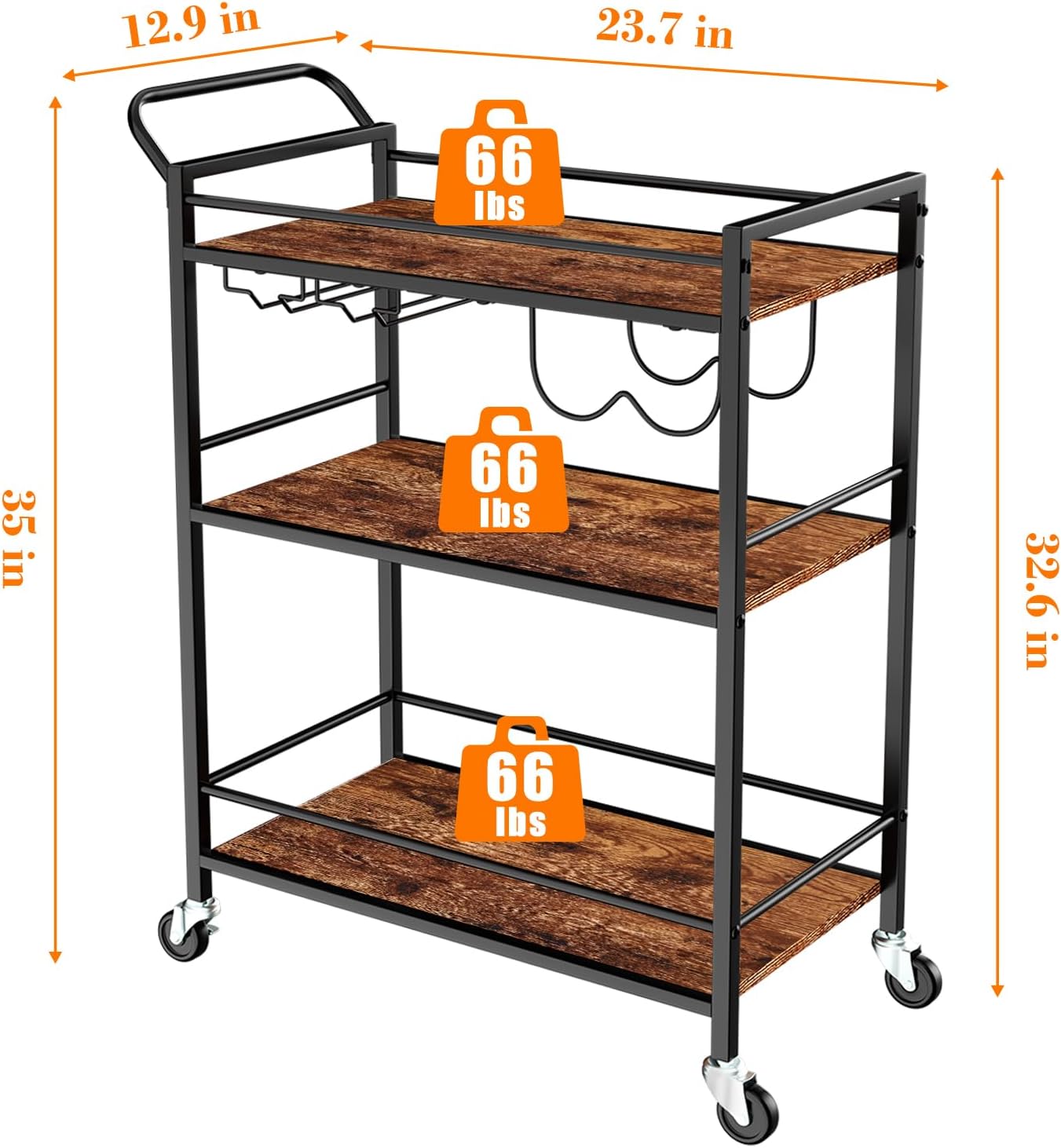 Bar Cart, Home Bar Serving Cart, 3-Tier Drink Cart with Wine Rack, Glass Holder, Wine cart with One-Piece Wood Shelves, Rolling Bar Cart for Kitchen, Dining Room, Living Room, Rustic Brown