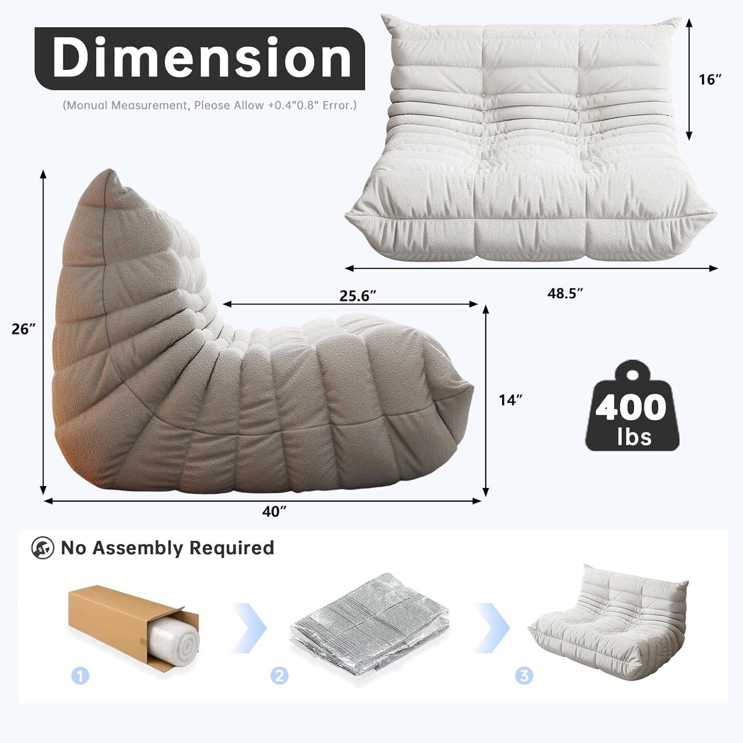 Bean Bag Chairs for Adults, BeanBag Reading Chair Memory Foam Couch, Floor Chair Soft Teddy Material, Comfy Reading Nook Chairs for Bedroom Living Room Office(White)