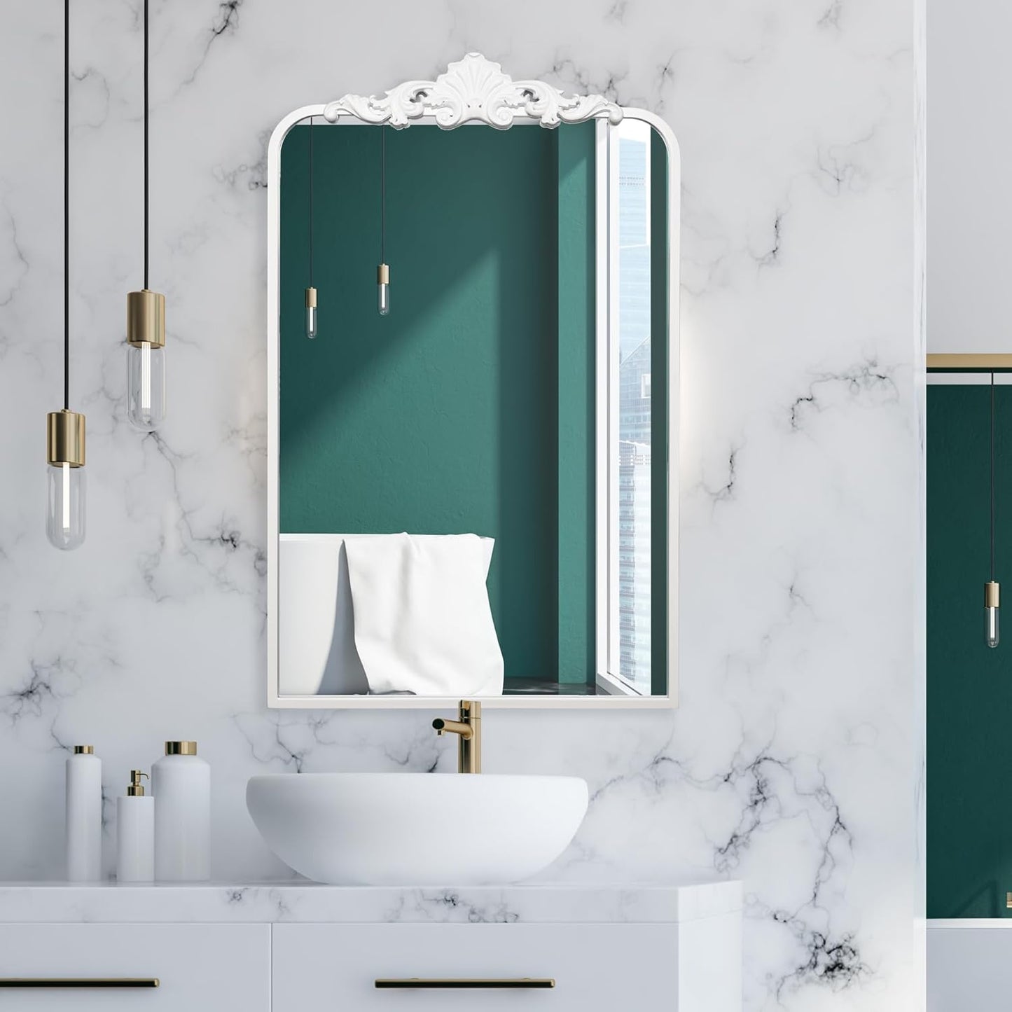 Ruomeng Traditional Wall Mirror, White Bathroom Mirror Baroque Inspired Wall Décor, Framed Mirror for Vanity Entryway and Living Room, 19” x 30.5”