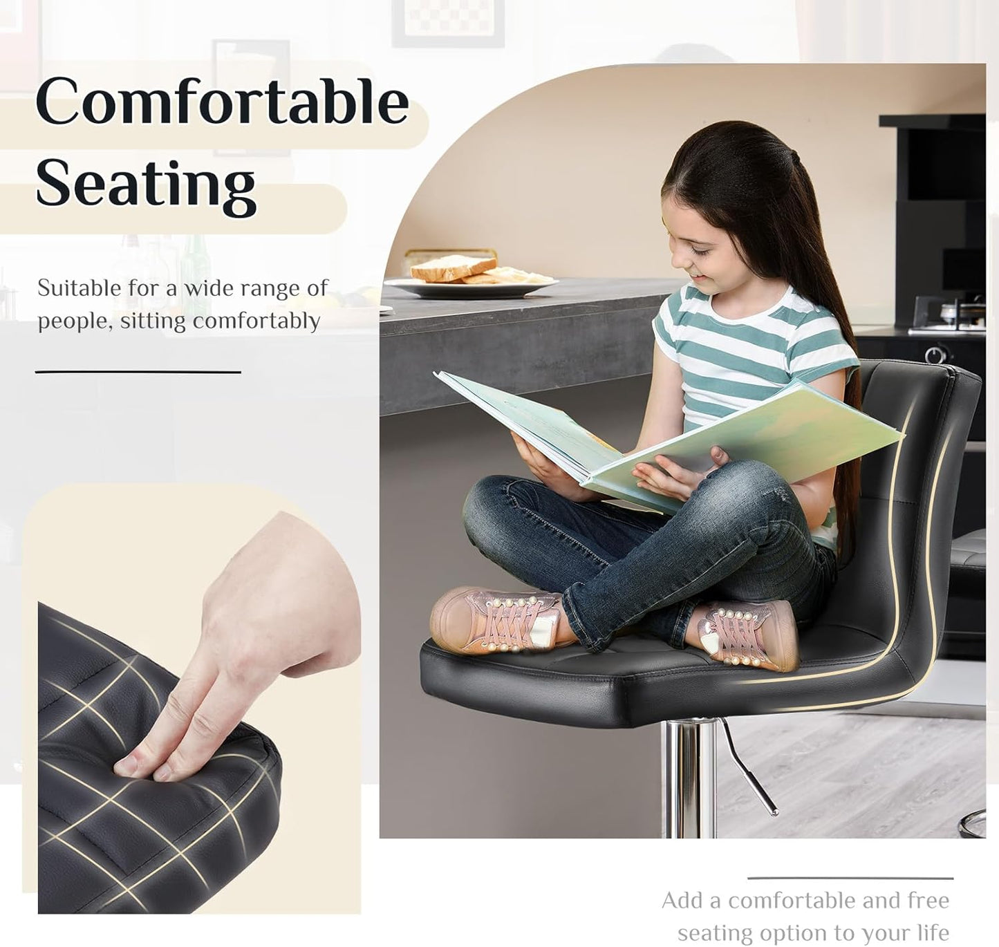 DUMOS Bar Stools Set of 2, Armless Adjustable Swivel Barstools, PU Leather Hydraulic Kitchen Counter Height Bar Stools, Thickened Seat Cushion Square Island Barstools with Back, Dark Black