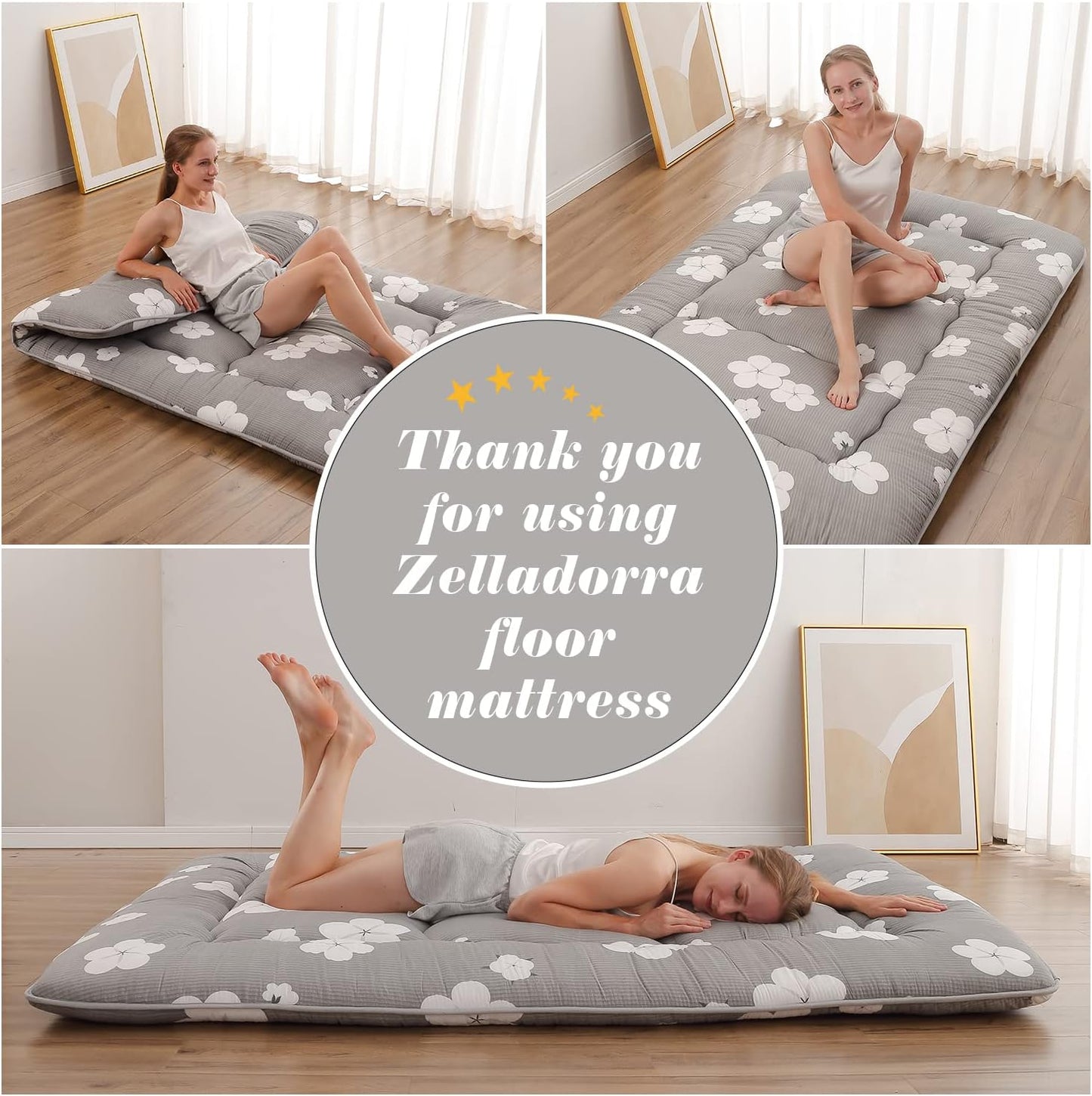 Japanese Floor Mattress Full, Futon Mattress with Storage Bag and Washable Cover, Roll Up Tatami Mat Suitable for Guest Room, Grey Cotton