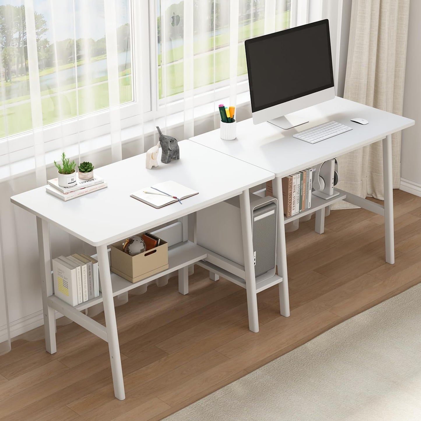 2-Person Writing Desk with Bookshelf - 79" Wooden Extra Long Home Office Work Table, Double Study Computer Workstation with Storage Shelves in White, 79" W x 24" D