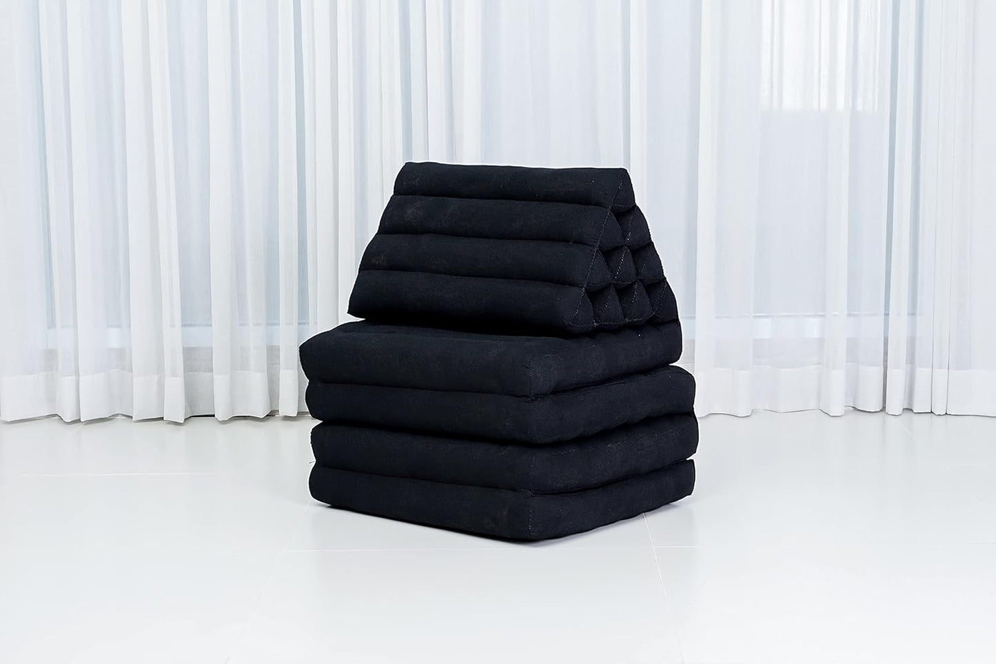 Leewadee Comfortable Japanese Floor Mattress - Thai Floor Bed with Triangle Cushion - Futon Mattress - XL Extra Long Thai Massage Mat, 89 x 20 inches, Black, Kapok Filling