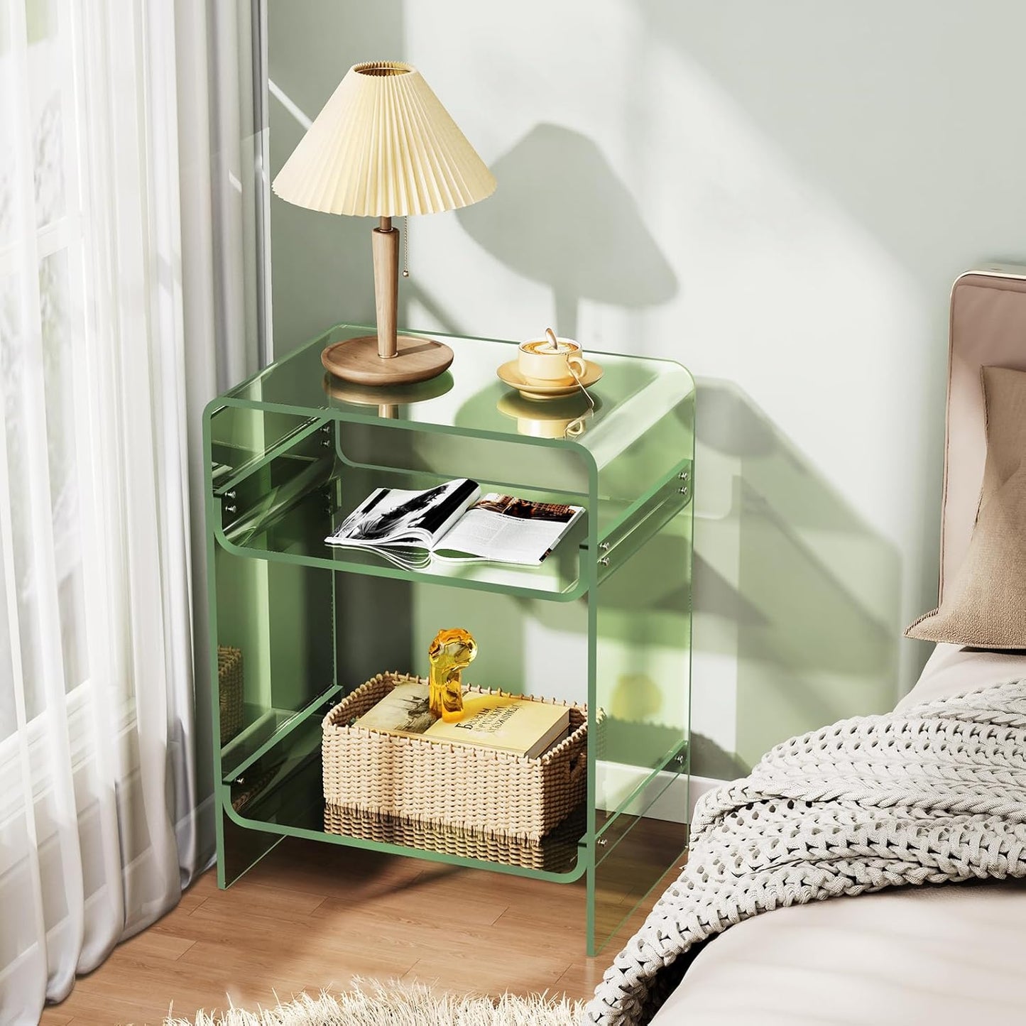 Acrylic Record Player Table with Storage Shelf, Clear Side Table Nightstand (Green)