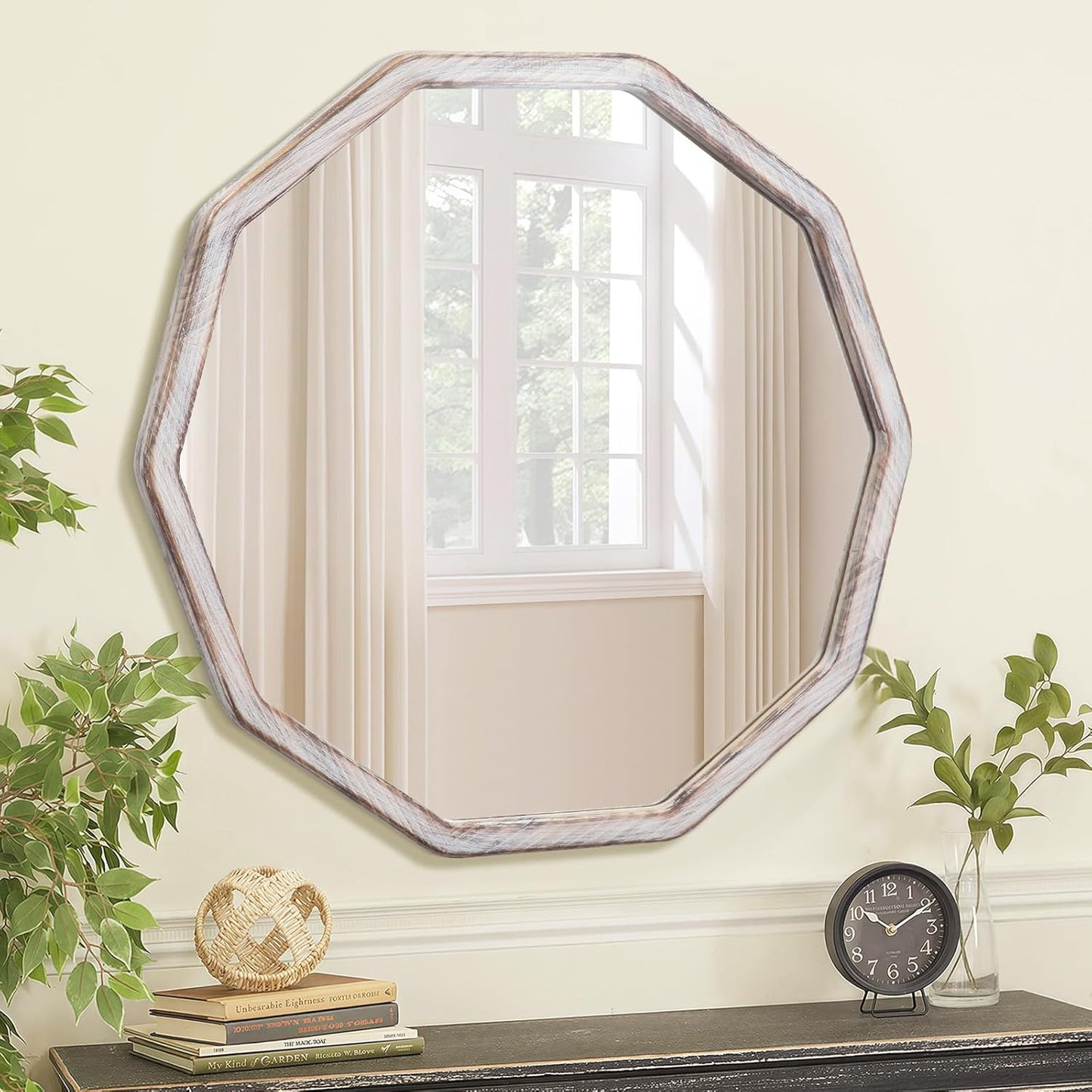 ULIKE White Wood Mirror for Wall, 24 Inch Rustic Farmhouse Mirror with Wood Frame, Decorative Wall Mounted Vanity Mirrors for Bathroom Bedroom Living Room Entryway