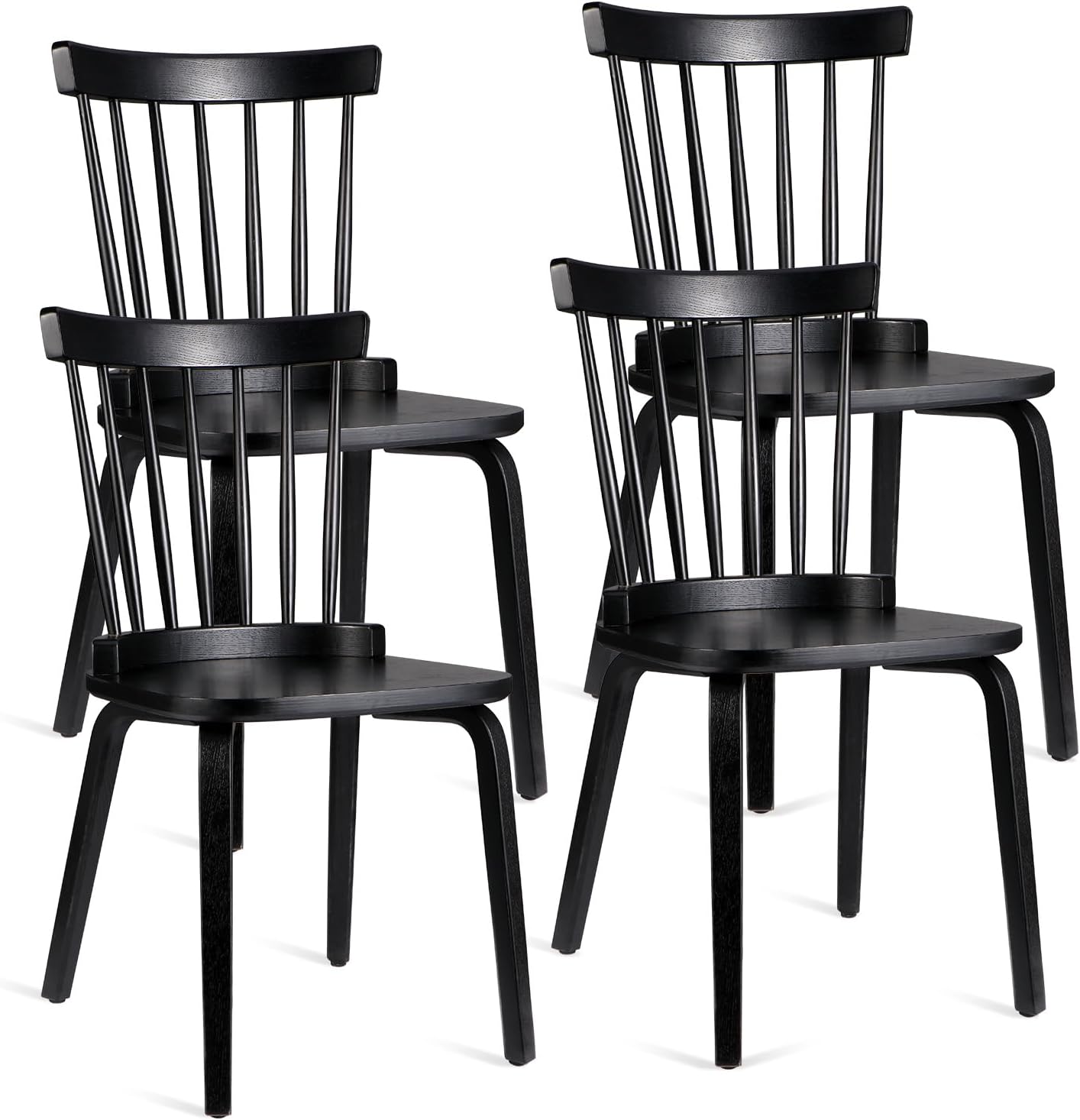 Unovivy Wood Dining Chairs Set of 4, Farmhouse Spindle Back, Widen Seat, Modern Mid-Century Country Style, for Living Room Restaurant, Black