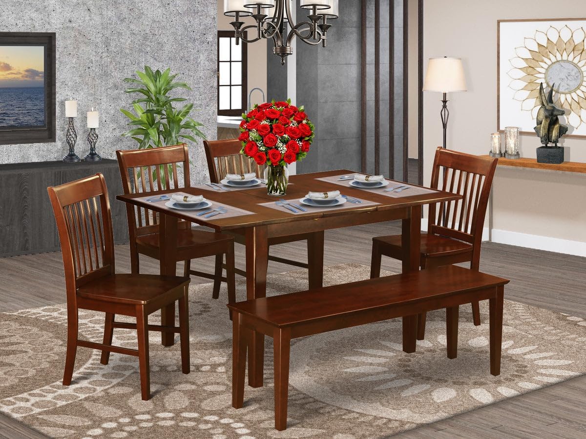 East West Furniture PSNO6C-MAH-W 6 Piece Kitchen Table & Chairs Set Contains a Rectangle Dining Room Table with Butterfly Leaf and 4 Dining Chairs with a Bench, 32x60 Inch, Mahogany