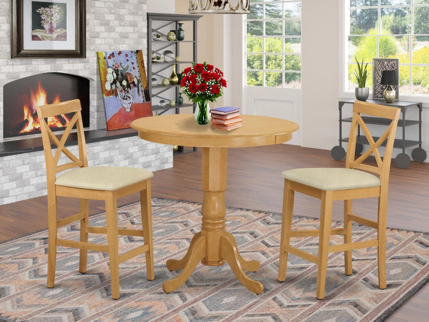 East West Furniture JAPB3-OAK-C 3 Piece Counter Height Pub Set Contains a Round Dining Room Table with Pedestal and 2 Linen Fabric Upholstered Chairs, 36x36 Inch, Oak