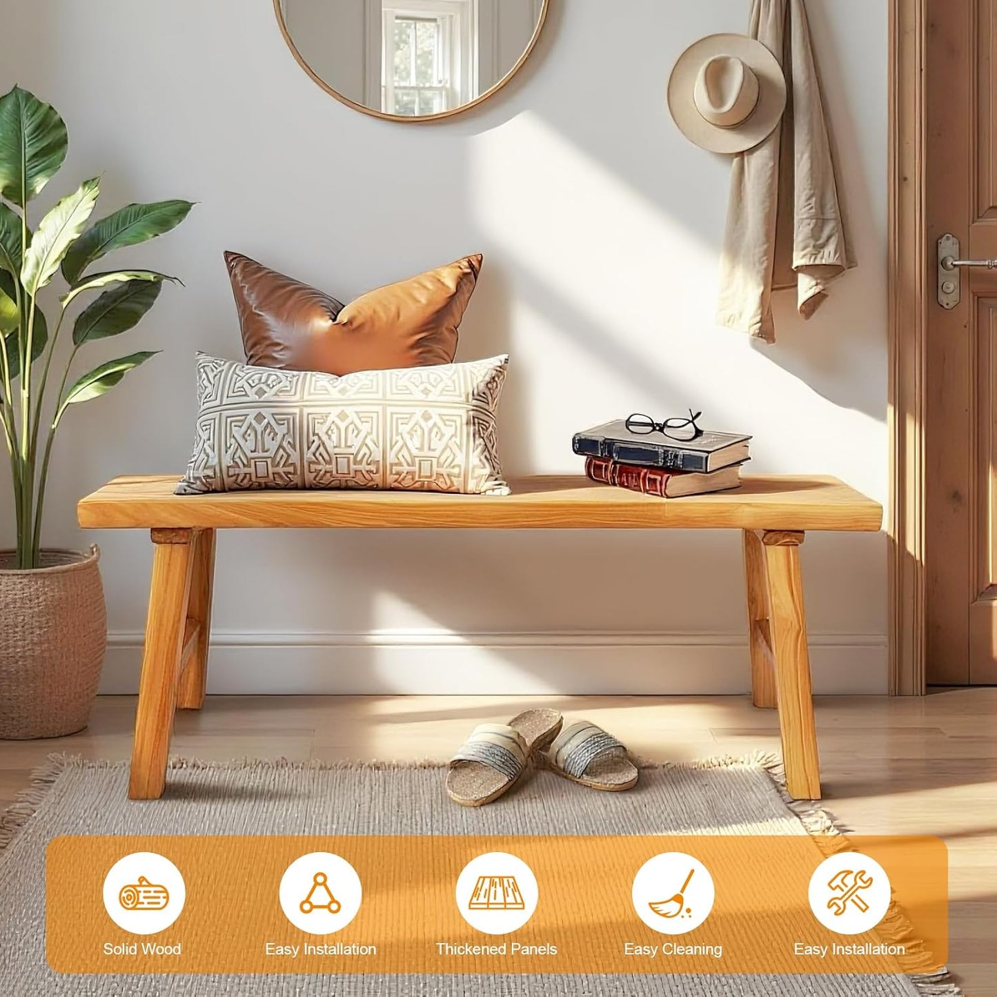 Farmhouse Solid Wood Bench: Long Rustic Indoor Narrow Wooden Bench for Entryway,Living Room, Dining Room,End of Bed,Hallway (59" Lx10 Wx18 H)