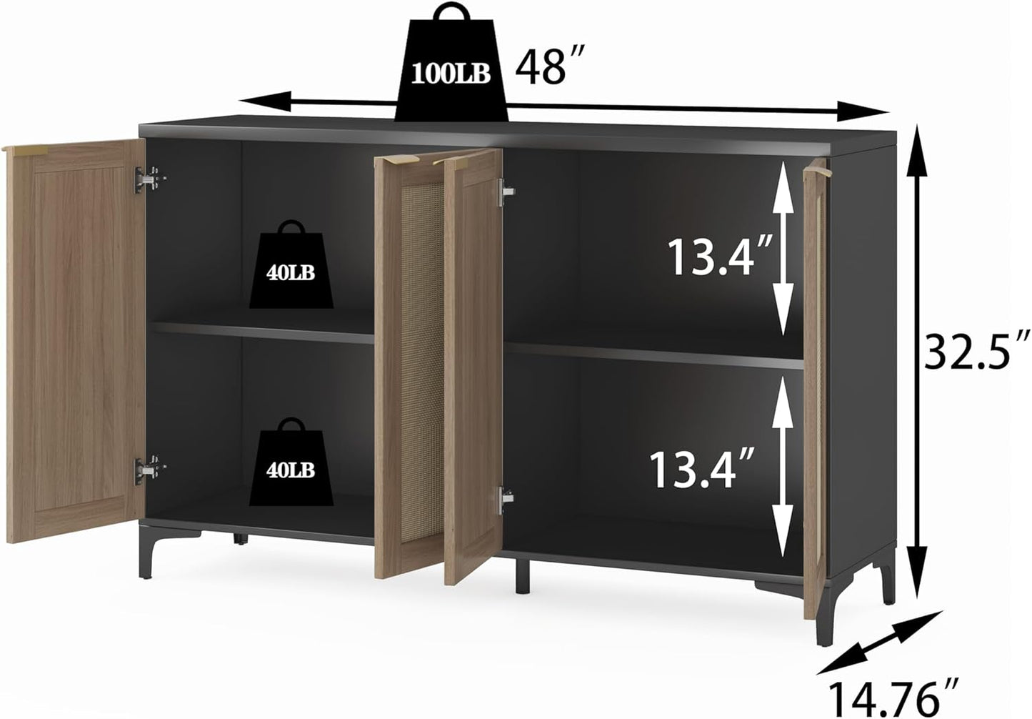 Sideboard - Buffet Cabinet with Storage, Rattan Cabinet with 4 Doors and Adjustable Shelves, Accent Cupboard with Metal Feet, Black Sideboard Console Table for Living Room, Entry, Dining Room
