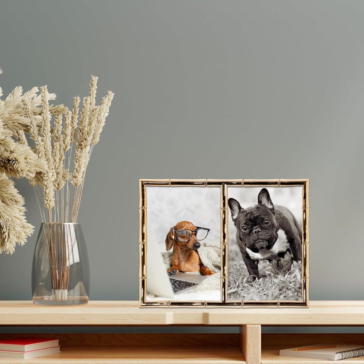 Lawrence Frames 4x6 Double Gold Metal Picture Frame with Bamboo Design