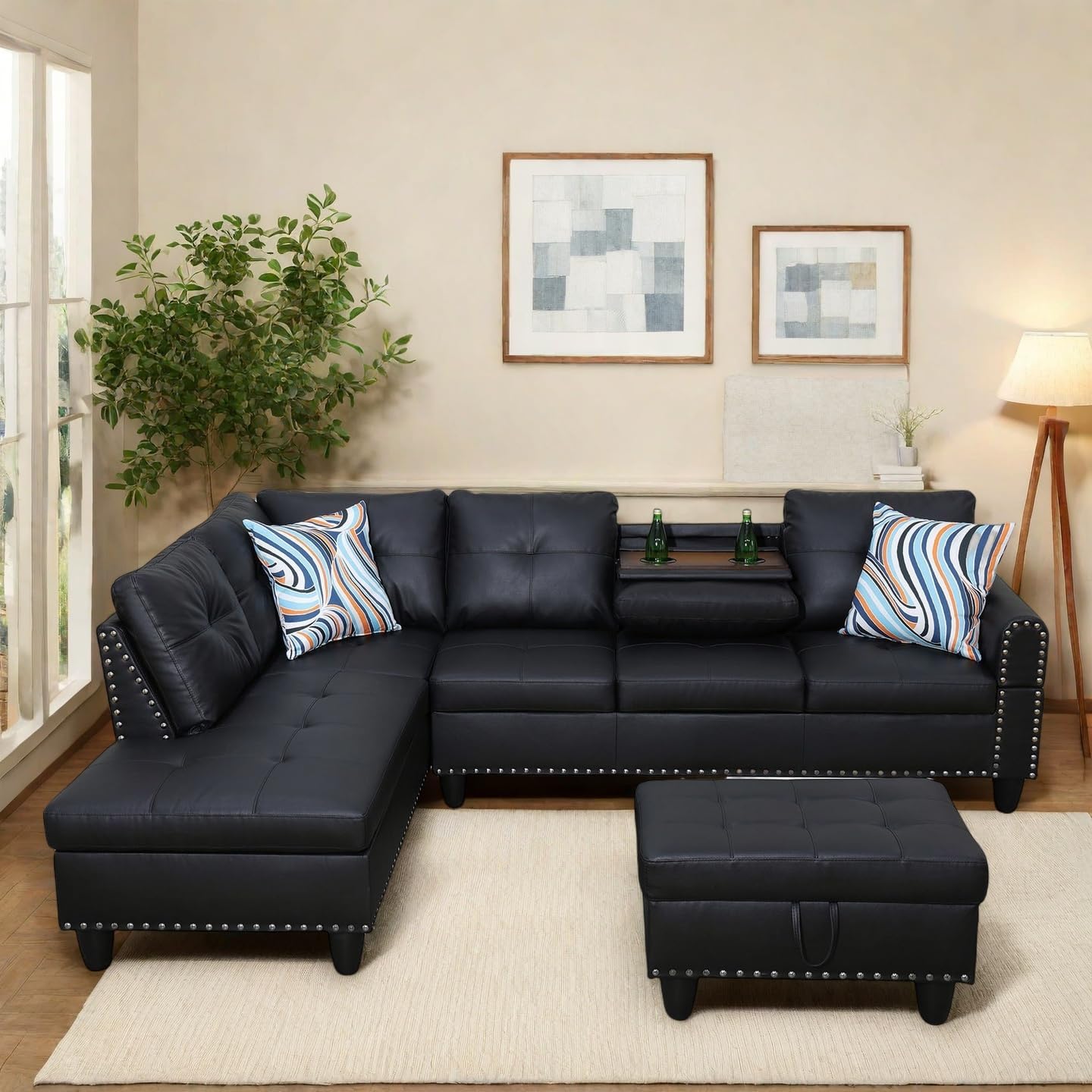 97" L Shaped Sectional Couch with Cup Holder, Modern 4 Seat Modular Sectional Sofa with Storage Ottoman, Living Room Sets for Small Spaces, Apartment, Faux Leather, Black