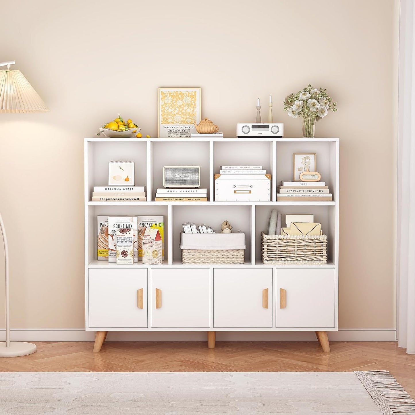 Cubby Shelf Bookcase with Doors - Wooden 11 Cube Floor Standing Open Bookshelf with Solid Wood Legs, 3-Tier Storage Cabinet, Warm White