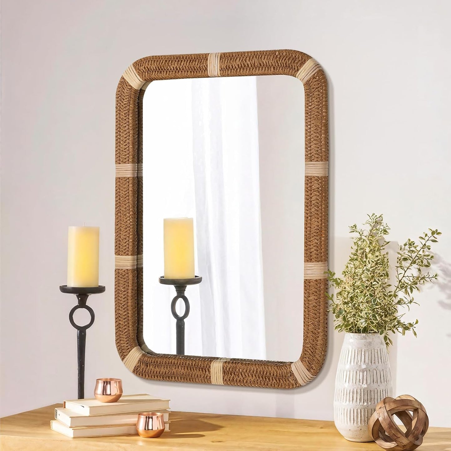 ULIKE Rectangle Rattan Wall Mirror, 22x30 Inch Rustic Farmhouse Wall Decor with Wicker Frame, Boho Mirror for Nursery Bathroom Bedroom Living Room Entryway