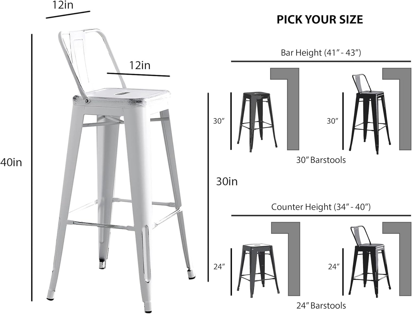 AC Pacific 30” Metal Barstool Set of 2 – Country Rustic Style with Low Back, Lightweight & Sturdy Build, Easy Assembly – Distressed Snow White