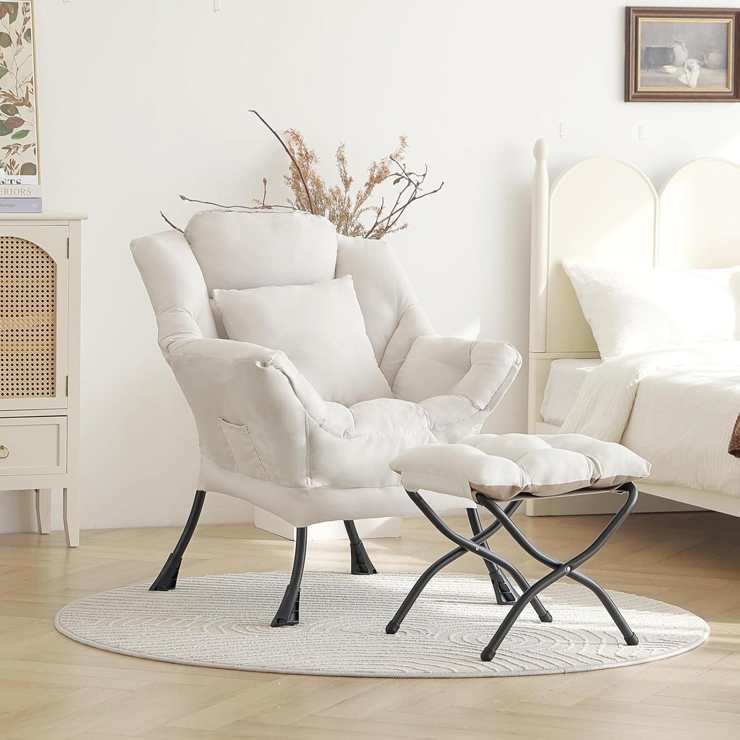 Lazy Chair with Ottoman, Modern Large Accent Lounge Chair with a Pillow, Leisure Sofa Armchair with Ottoman, Reading Chair with Footrest for Bedroom, Living Room, Dorm Room,Peach Beige