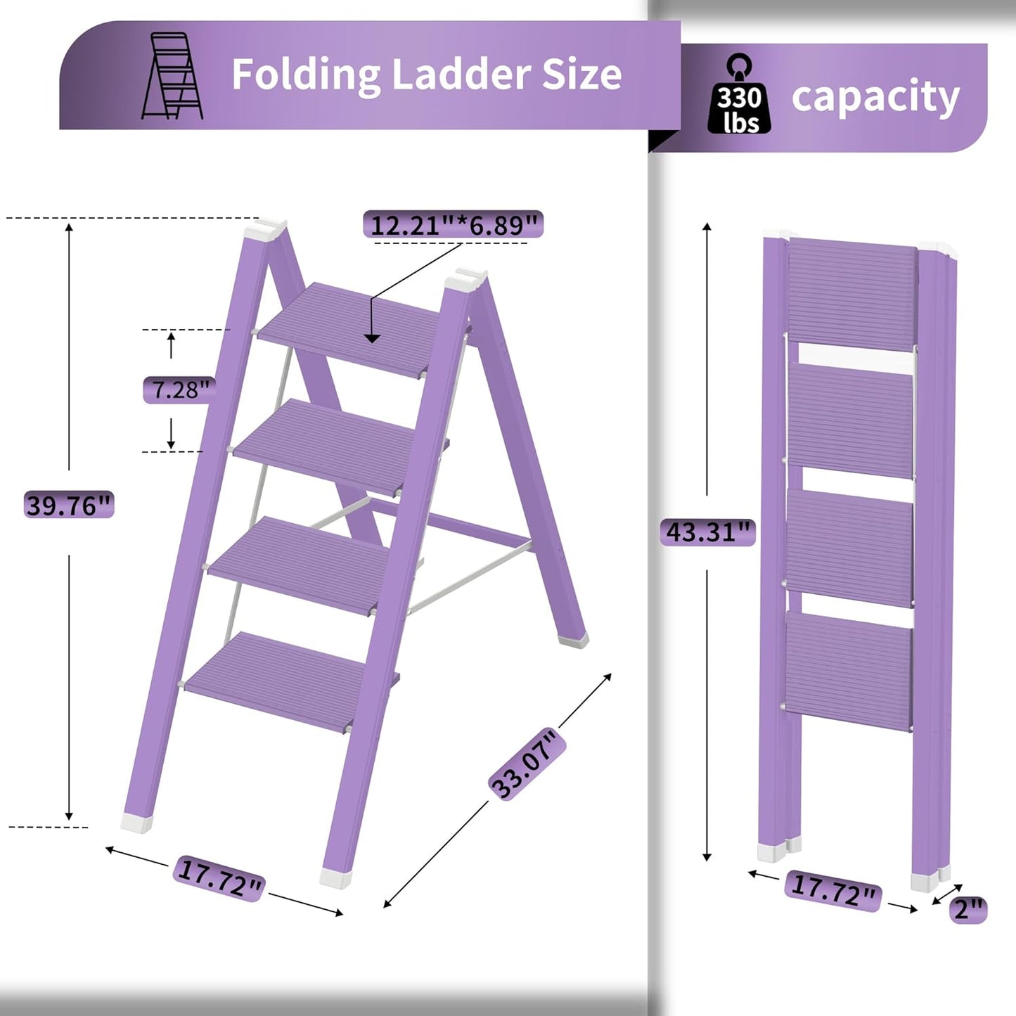 Lightweight Folding Step Ladder Household, Aluminum 4 Step Ladder Foldable for Home, Sturdy Step Stool for Adults 330 Lbs - Purple