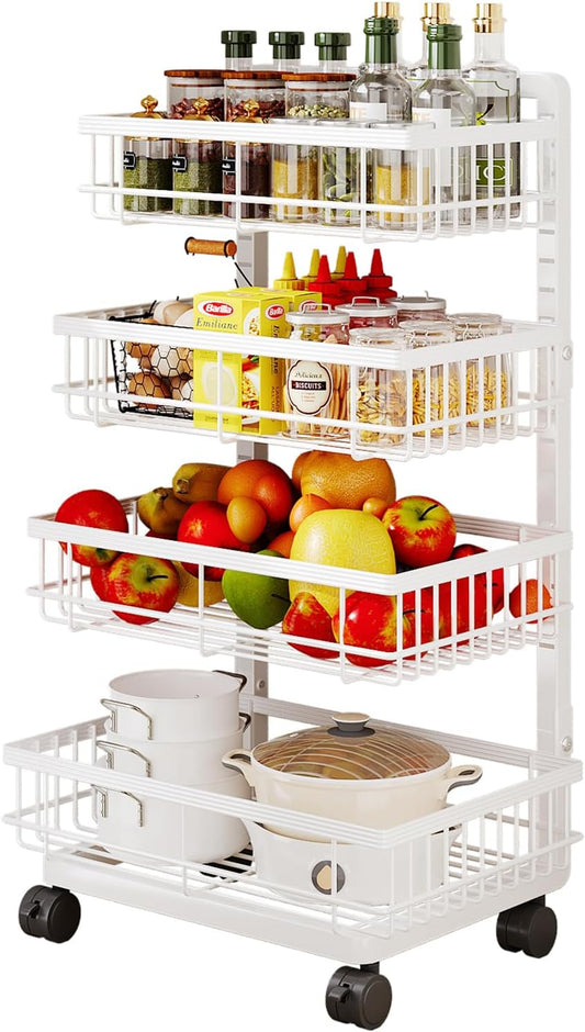 4-Tier Kitchen Storage Cart, Metal Utility Rolling Cart with Wheels, Versatile Rolling Storage Snack Cart, Adjustable Fruit Vegetable Basket Rack for Pantry, Bathroom, Kitchen, Office (Milky White)