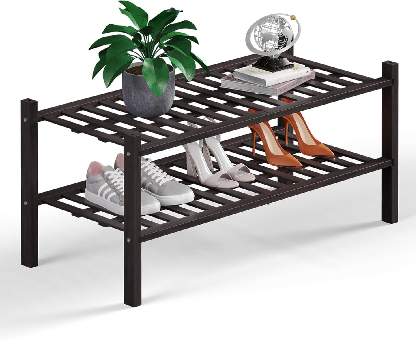 Haddockway 2 Tier Bamboo Shoe Rack Storage Organizer, Multifunctional Free Standing Stackable Shoe Shelf with Grid Panel for Closet,Hallway,Entryway,Small Space 27"x11"x13"(Brown, 2 Tier)