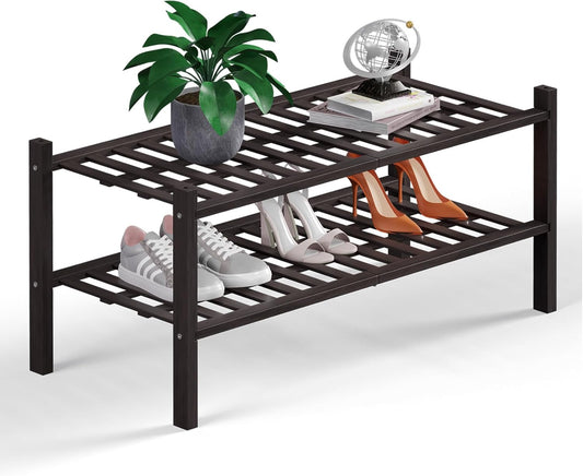 Haddockway 2 Tier Bamboo Shoe Rack Storage Organizer, Multifunctional Free Standing Stackable Shoe Shelf with Grid Panel for Closet,Hallway,Entryway,Small Space 27"x11"x13"(Brown, 2 Tier)