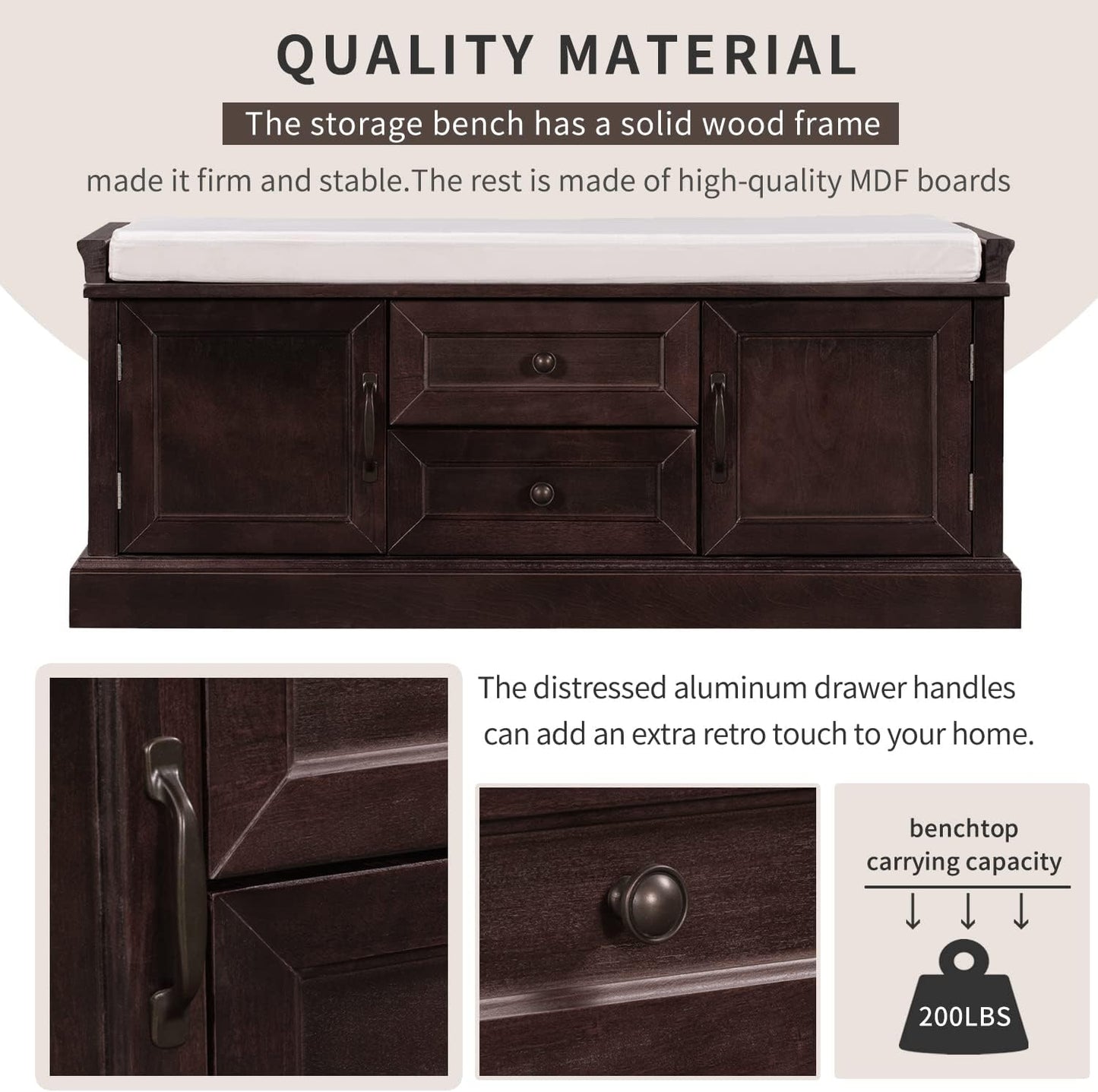 42″ Storage Bench with 2 Drawers and 2 Cabinets，Multipurpose Entryway Shoe Rack W/Removable Cushion，for Living Room Hallway Porch,Espresso