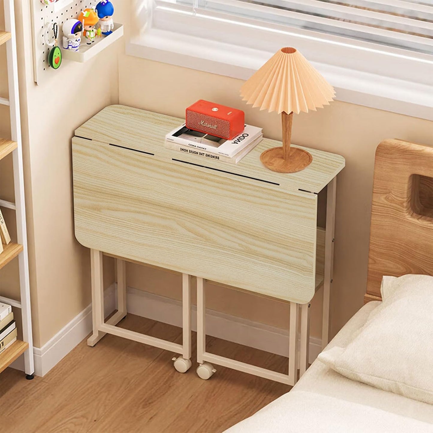 32'' Small Folding Table, Foldable Table with w/Rollers and Fixed Feets,Steel Frame and MDF Top,Couch Table for Small Space, Easy Assembly, Natural and White