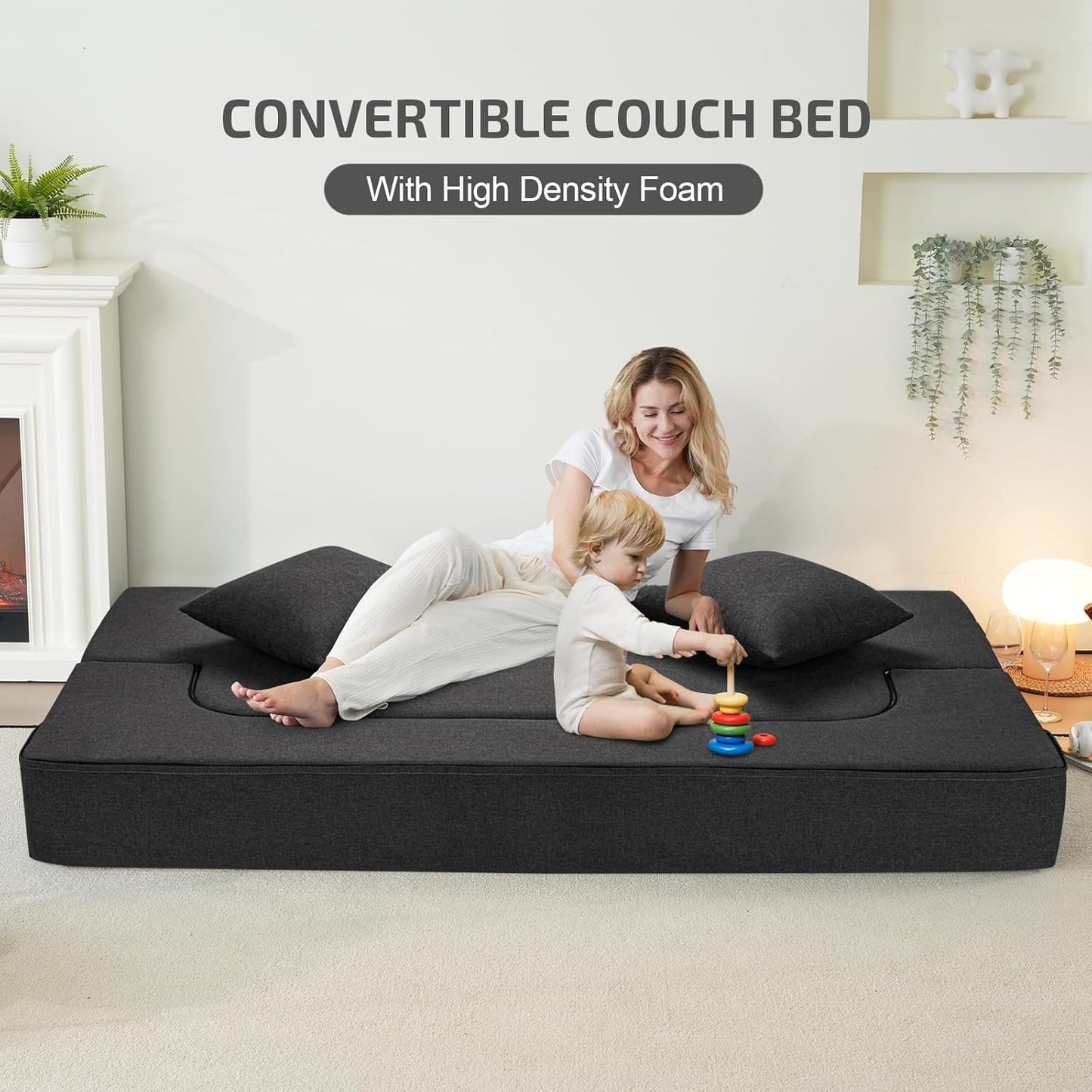 2-in-1 Folding Sofa Bed with Pillows - Folding Chair Floor Couch & Sleeping Mattress - Washable Cover & Memory Foam Sleeper Chair for Living Room/Guest Room/Apartment/Loft, Dark Gray, Twin