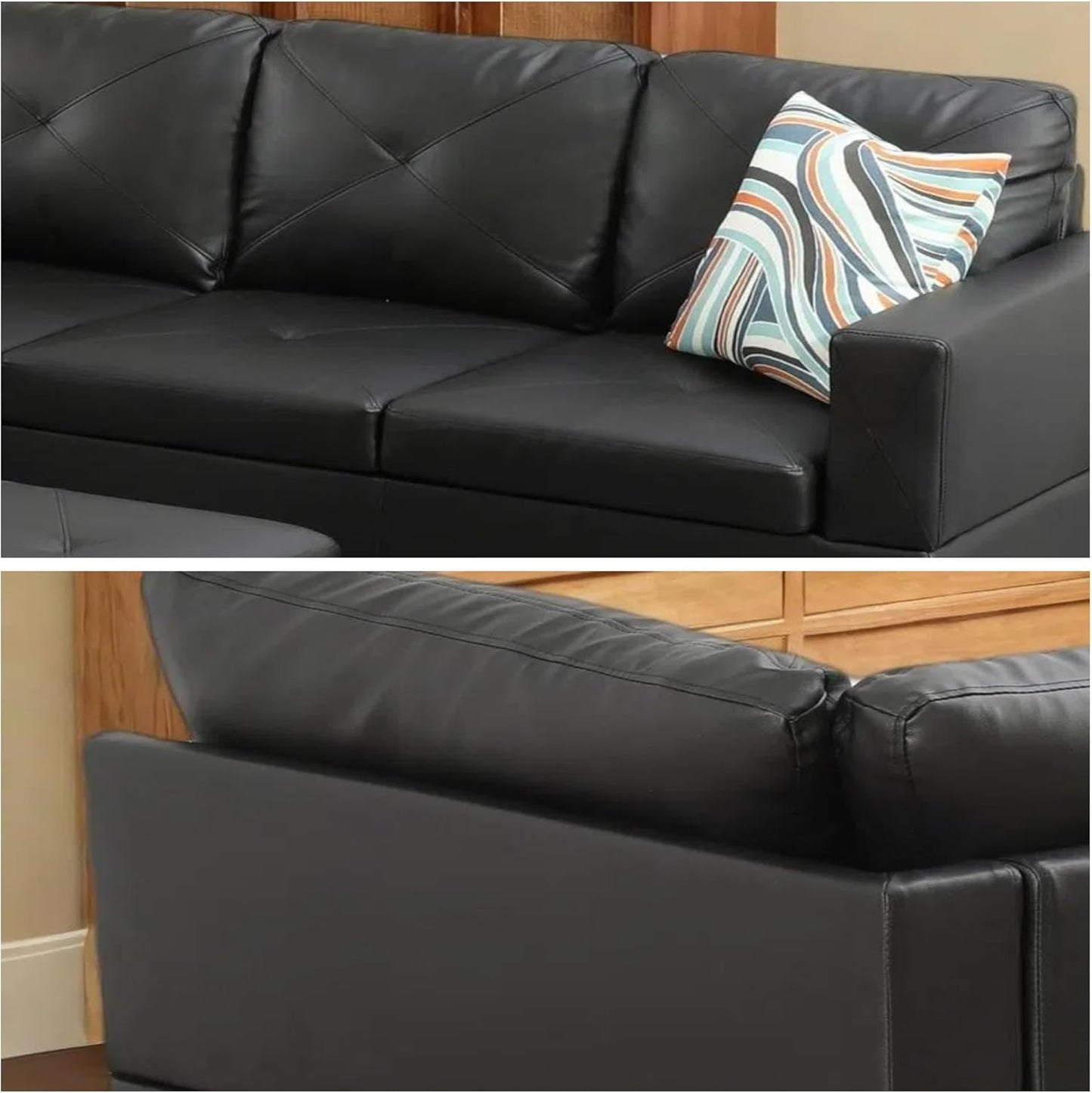 L-Shaped Sectional Sofa with Ottoman, Color Blocking Flannel Leather Right-Facing Modern Couch for Living Room, Bedroom, Office, Black Stripe