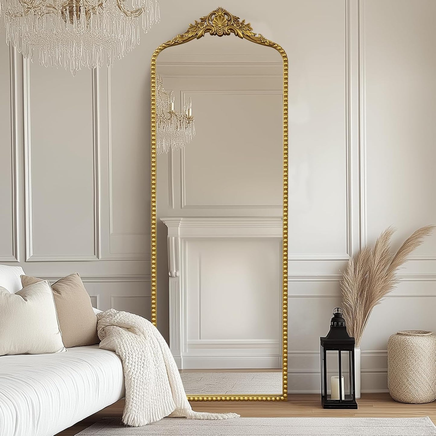 G-LEAF Vintage Baroque Full Length Floor Mirror 22"X65", Victorian Antique Mirror with Brush Gold Ornate Metal Frame for Fireplace Entryway Living Room Hallway Bathroom