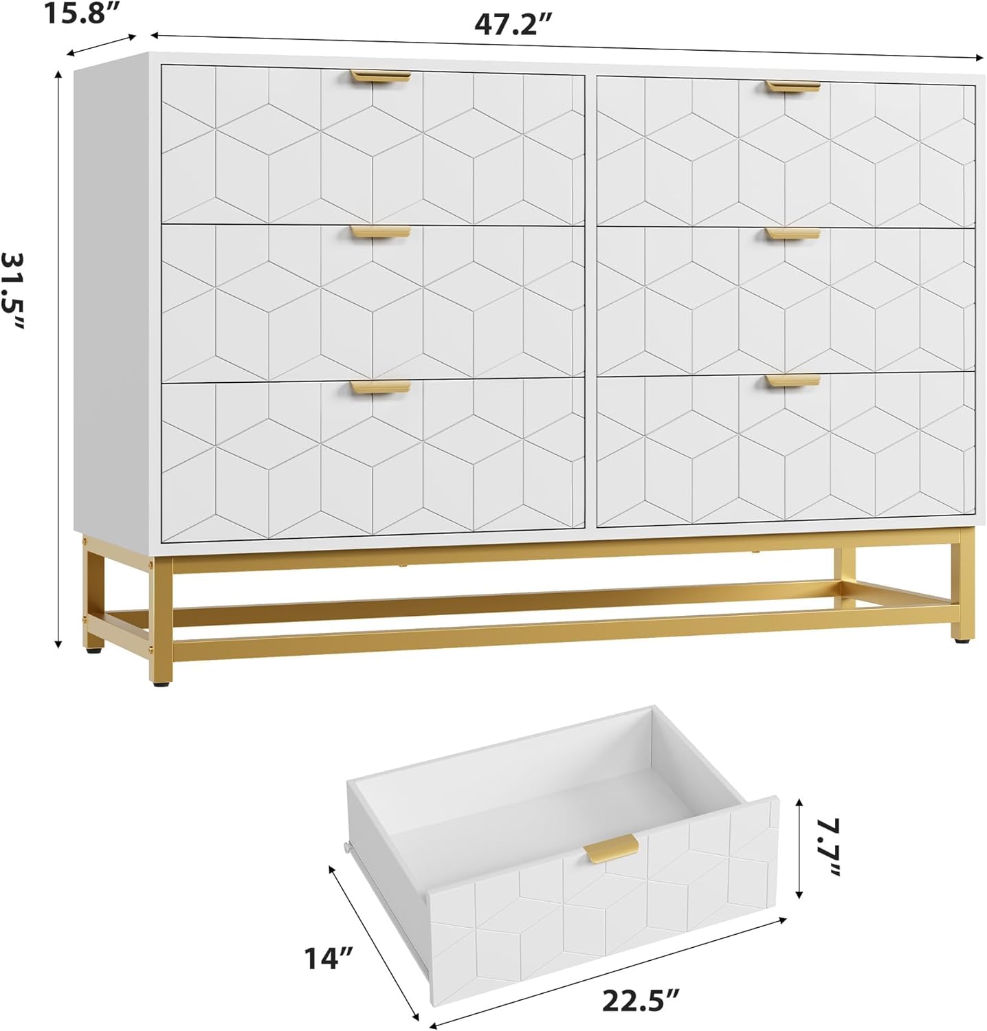 GAOMON White Dresser for Bedroom,Modern 6 Drawer Double Dresser with Gold Handles,Long Storage Organizer for TV Stand & Closet,Large Chest of Drawers for Living Room,Hallway,Entryway