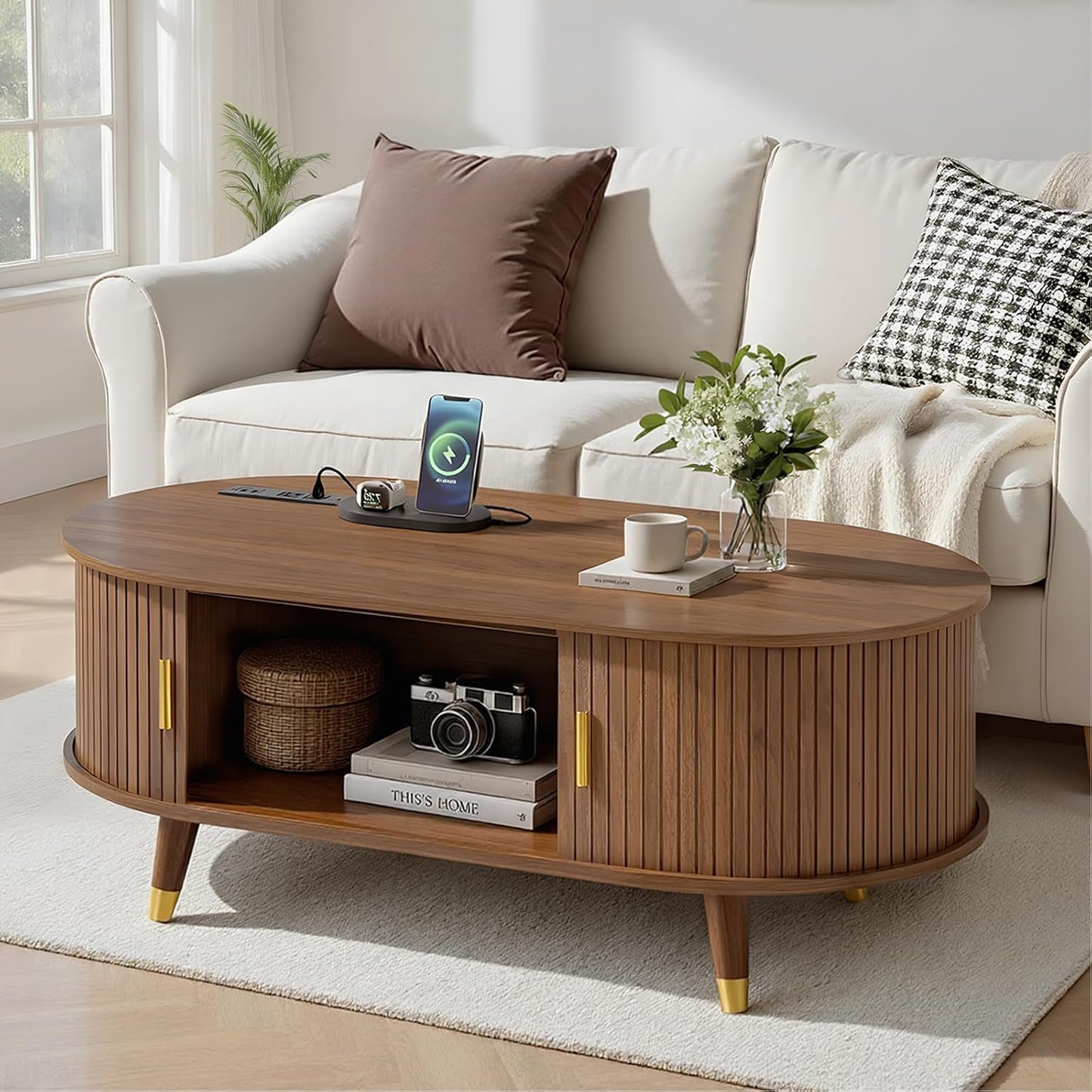 Mid-Century Fluted Oval Coffee Table with 360° Tambour Doors, Hidden Storage, Solid Wood Legs & 2 AC+2 USB Charging Station, Modern Coffee Table for Living Room, Apartment, Walnut