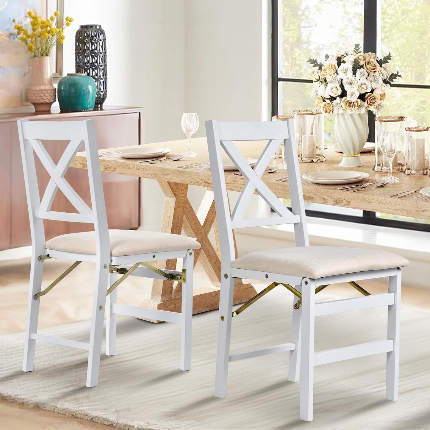 COLAMY Folding Dining Chairs Set of 2 – White Wooden Dining Room Chairs for Small Spaces, Pre-Assembled, Space Saving Kitchen & Dining Room Furniture, Indoor Outdoor Use
