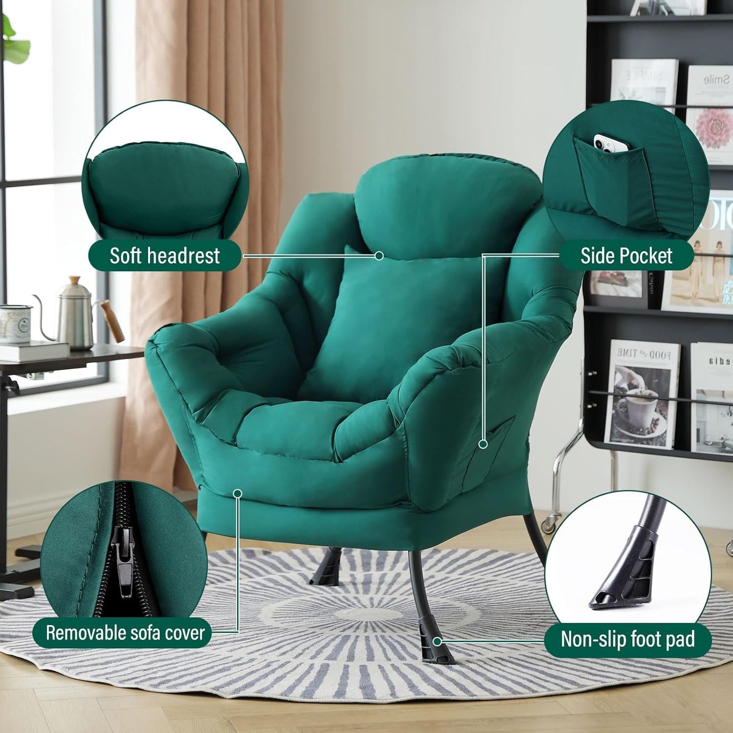 Lazy Chair with Pillow for Living Room, Modern Lounge Accent Chair with Armrests and a Throw Pillow, Leisure Sofa Chair Set, Reading Chair for Bedroom, Dorm Room, Office, Dark Green