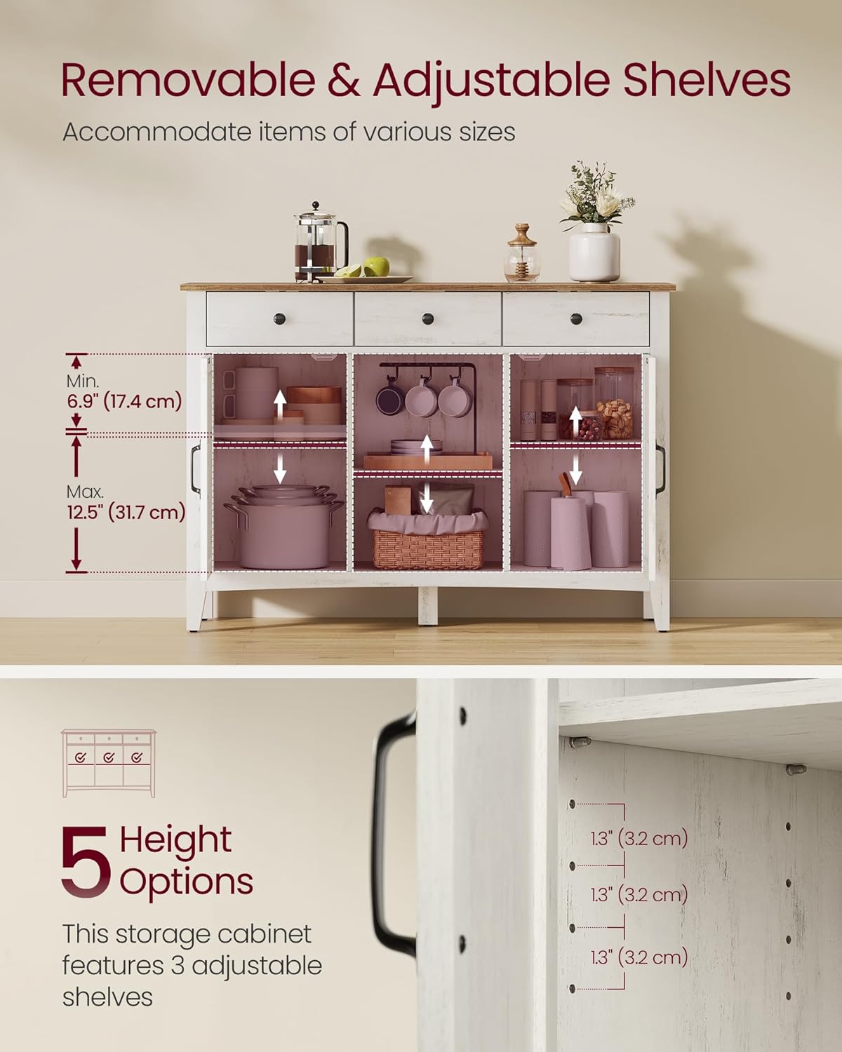 VASAGLE LIRY Collection - Buffet Cabinet, Coffee Bar Cabinet with 3 Drawers, Adjustable Shelves, Sideboard Storage with Cable Holes, Drawer Dividers, Rustic White and Honey Brown UBBK371W01V1
