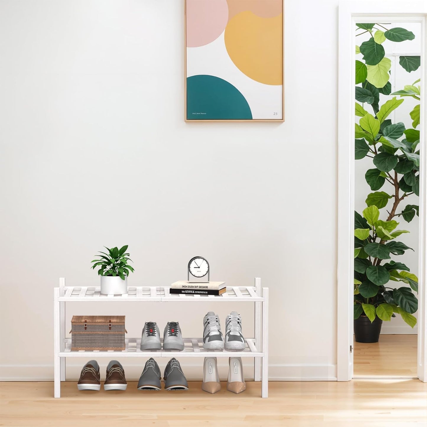 Haddockway Large 2 Tier Bamboo Shoe Rack Storage Organizer, Multifunctional Free Standing Stackable Shoe Shelf with Grid Panel for Closet,Hallway,Entryway,Small Space 27"x12"x14"(White, 2-Tier(Large))