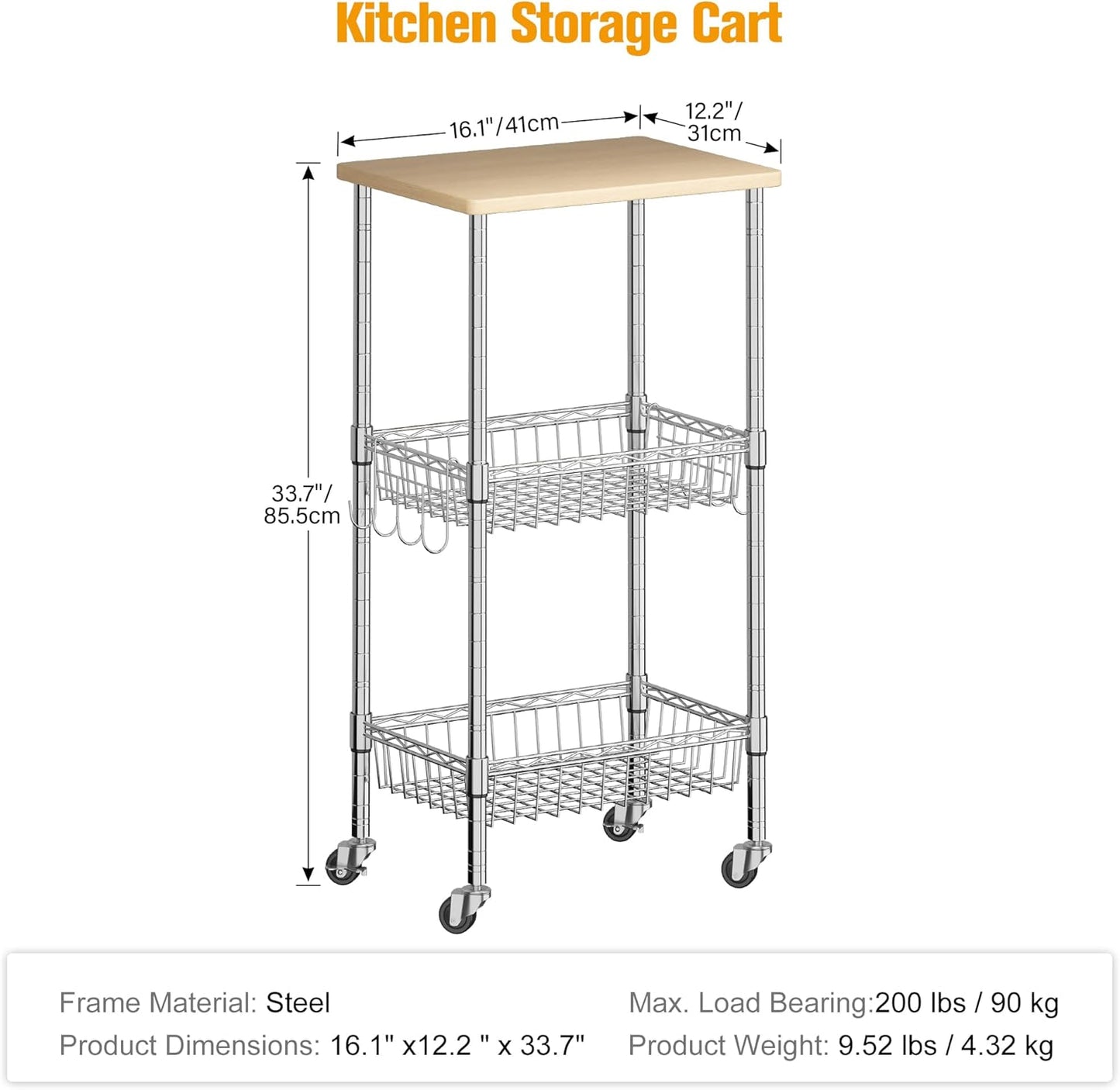 Rolling Kitchen Storage Cart, 3-Tier Storage Rack on Caster Wheels with Adjustable 2 Baskets, Coffee Station Cart Rack Shelf Organizer for Living Room Office, Balcony, Chrome/Silver